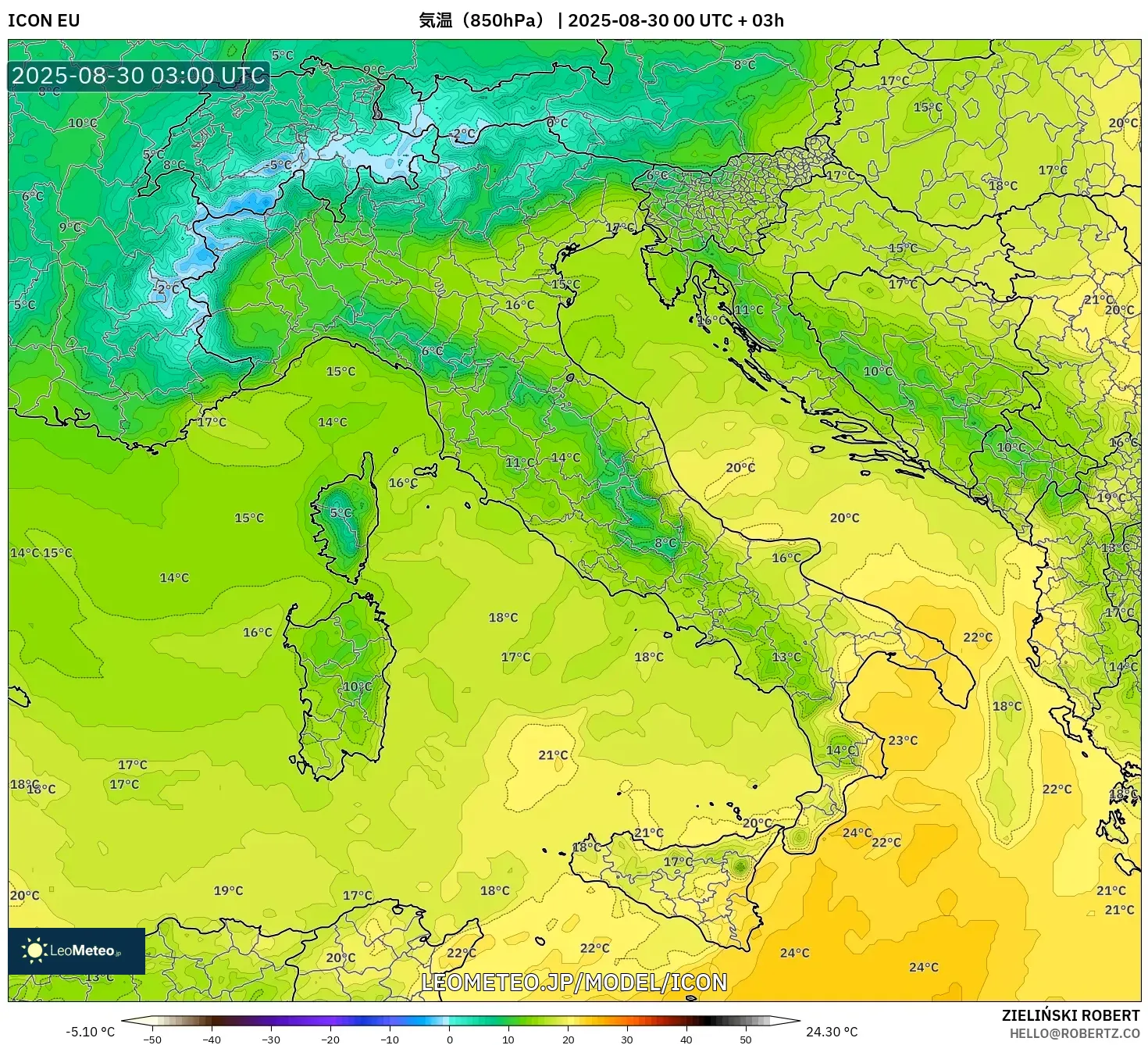 ICON model - イタリア, 気温(850hPa) ICON model - イタリア, 気温(850hPa)
