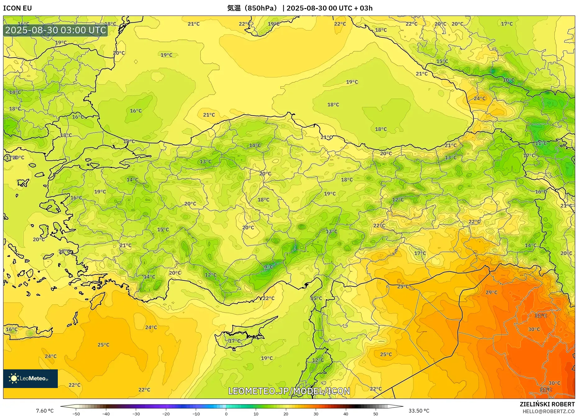 ICON model - トルコ, 気温(850hPa) ICON model - トルコ, 気温(850hPa)