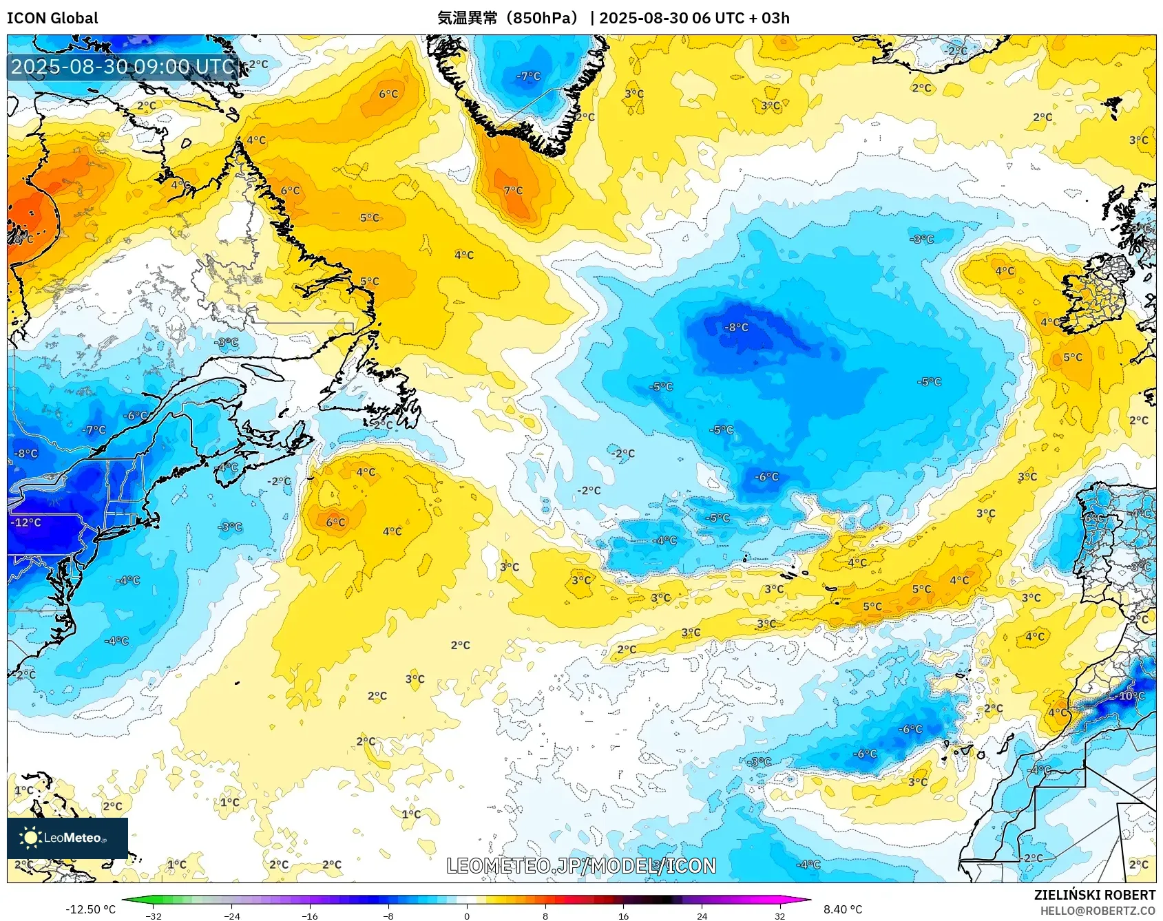 ICON model - 北大西洋, 気温異常(850hPa) ICON model - 北大西洋, 気温異常(850hPa)