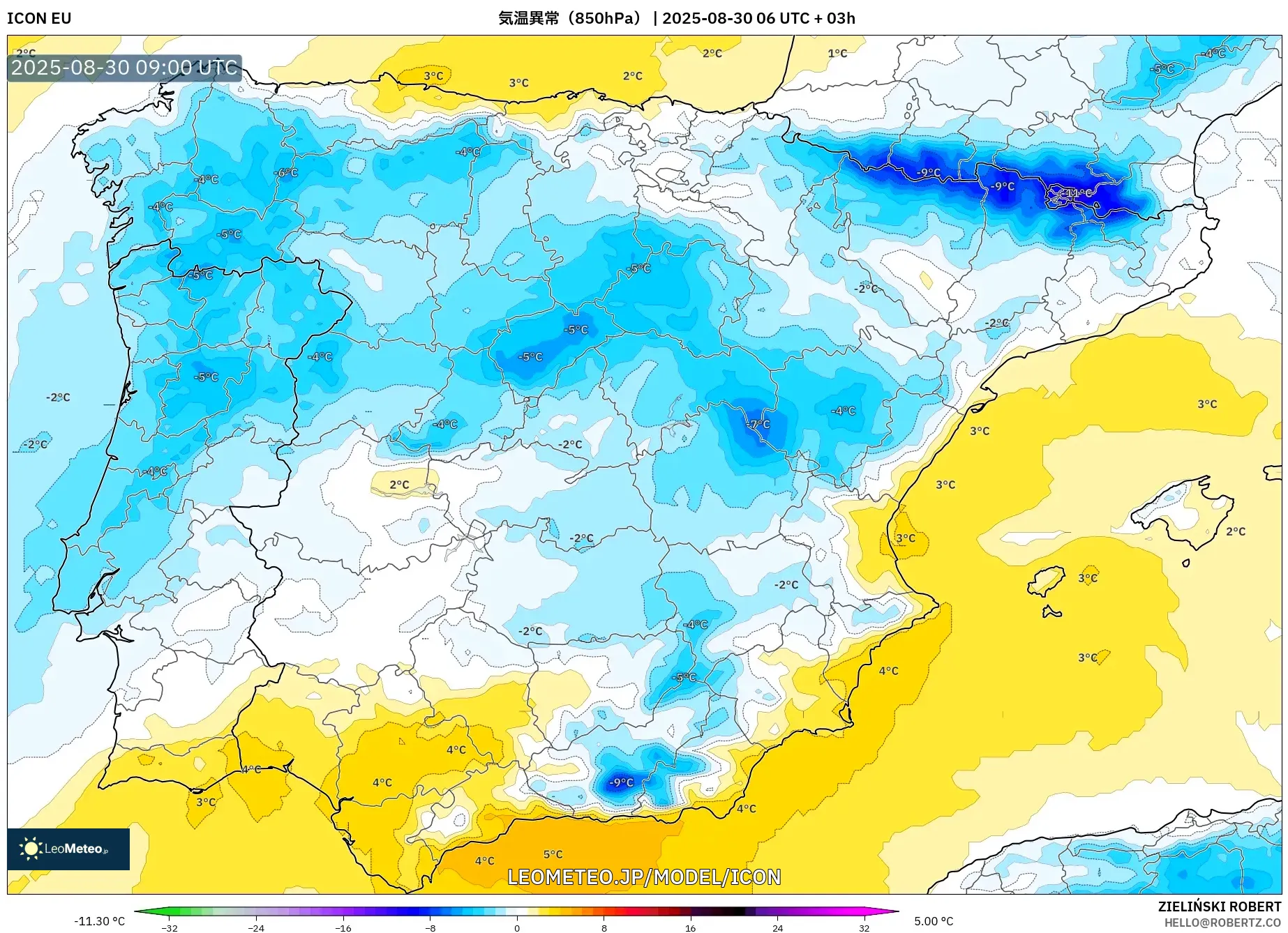 ICON model - スペイン, 気温異常(850hPa) ICON model - スペイン, 気温異常(850hPa)