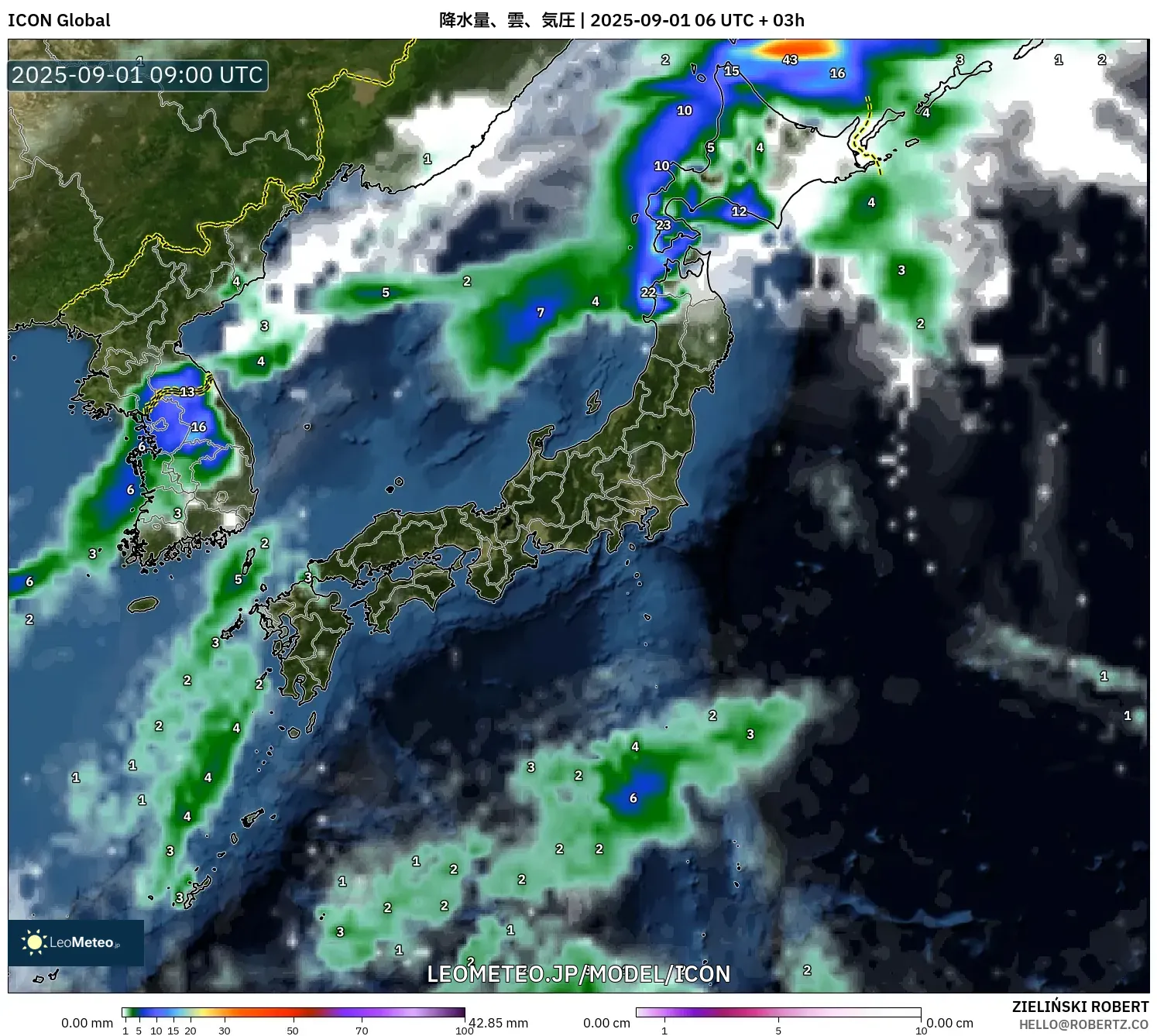 ICON model - 日本, 降水量、雲、気圧 ICON model - 日本, 降水量、雲、気圧