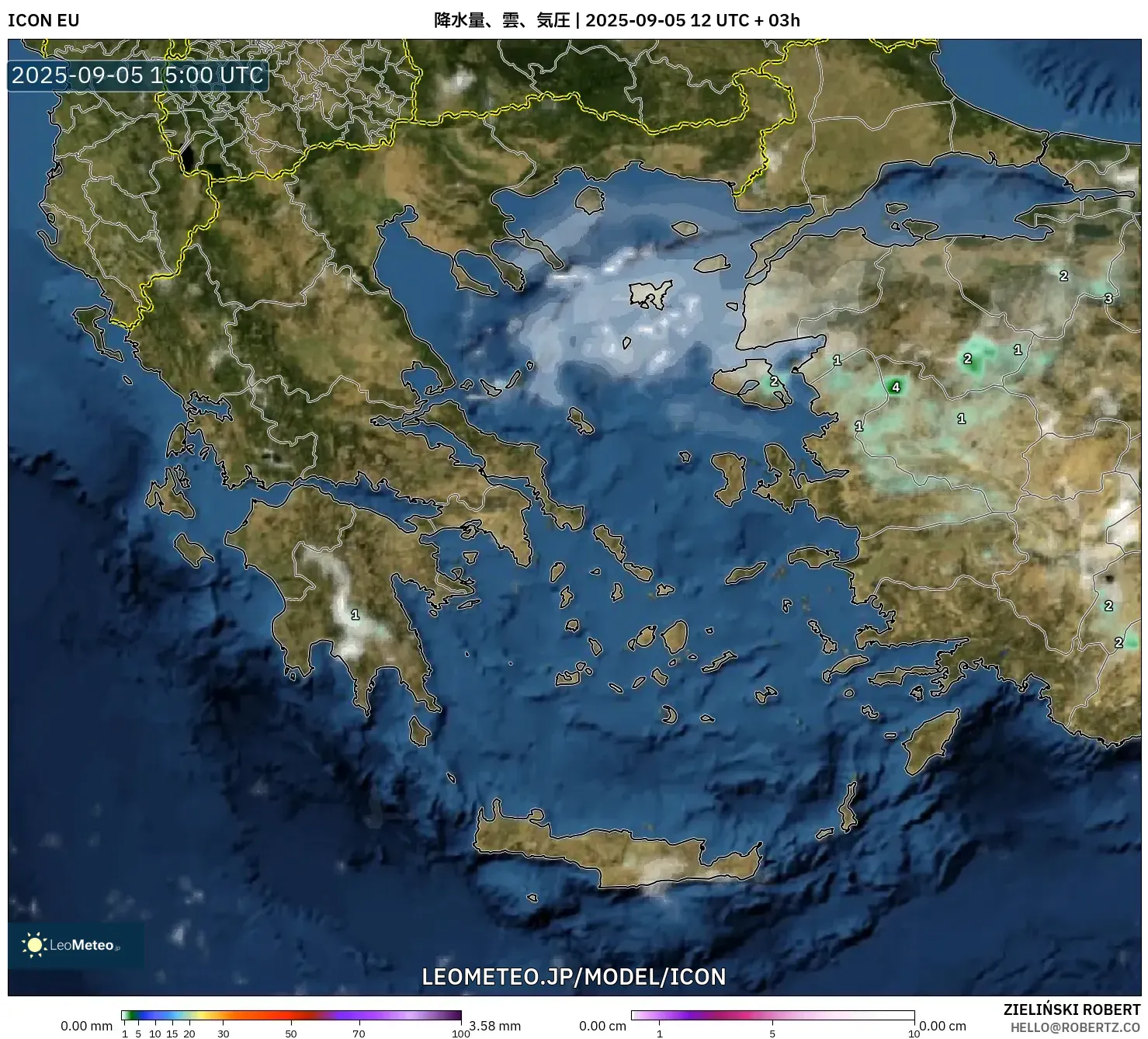 ICON model - ギリシャ, 降水量、雲、気圧 ICON model - ギリシャ, 降水量、雲、気圧
