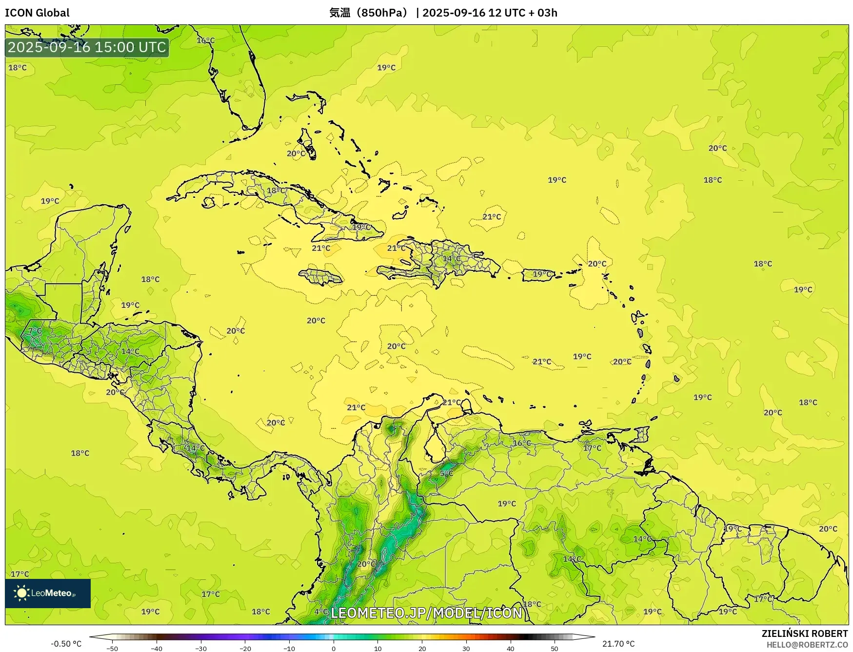 ICON model - カリブ海, 気温(850hPa) ICON model - カリブ海, 気温(850hPa)