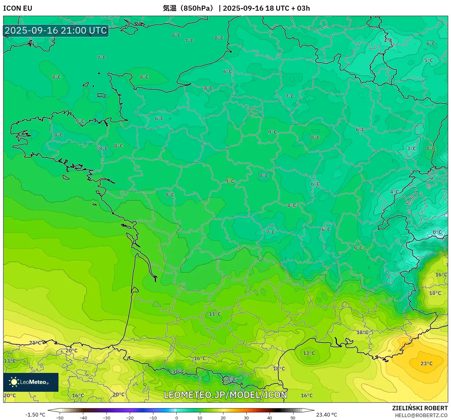 ICON model - フランス, 気温(850hPa) ICON model - フランス, 気温(850hPa)
