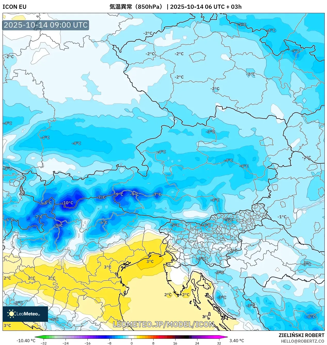 ICON model - オーストリア, 気温異常(850hPa) ICON model - オーストリア, 気温異常(850hPa)