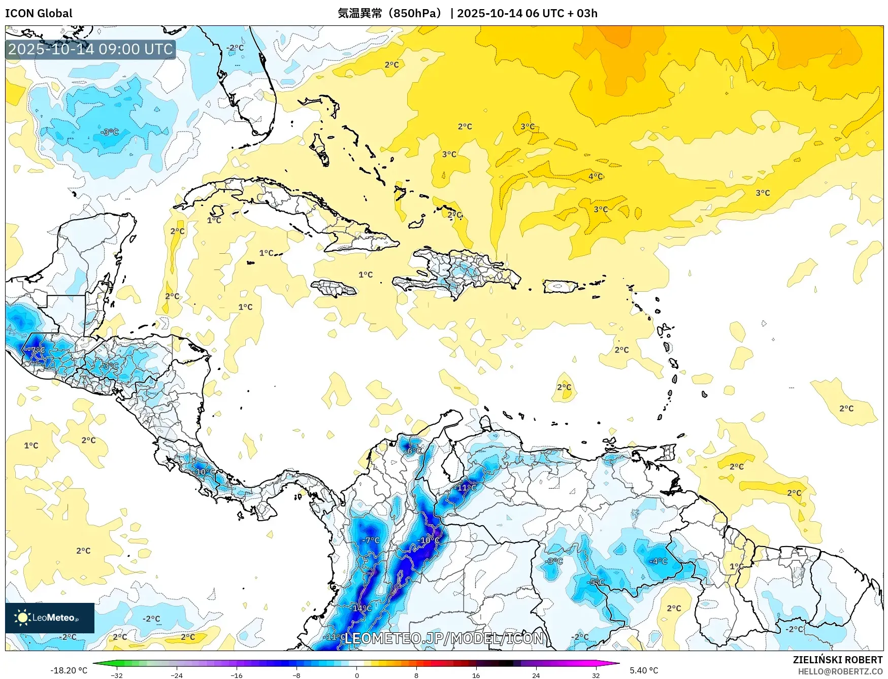 ICON model - カリブ海, 気温異常(850hPa) ICON model - カリブ海, 気温異常(850hPa)