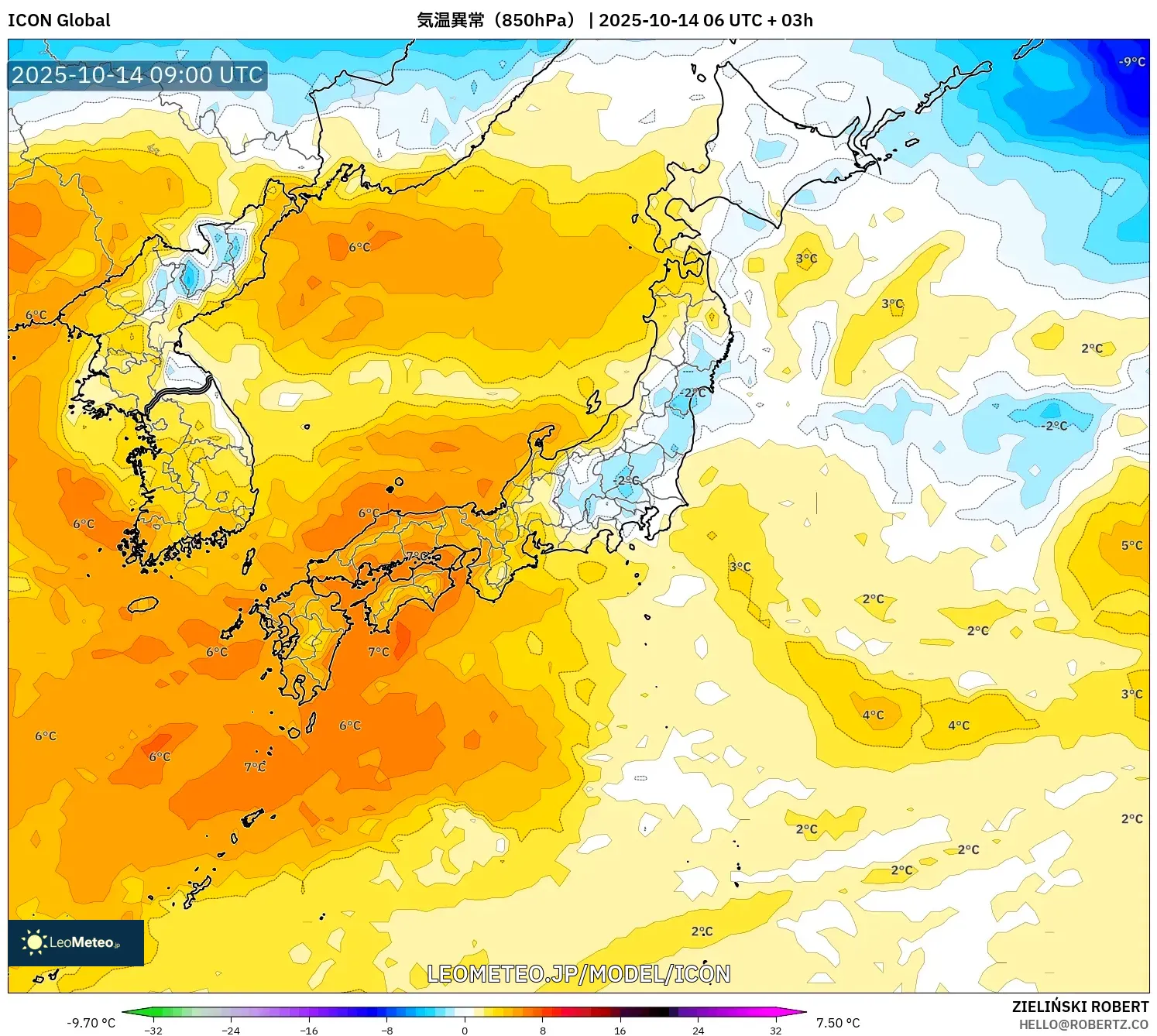 ICON model - 日本, 気温異常(850hPa) ICON model - 日本, 気温異常(850hPa)