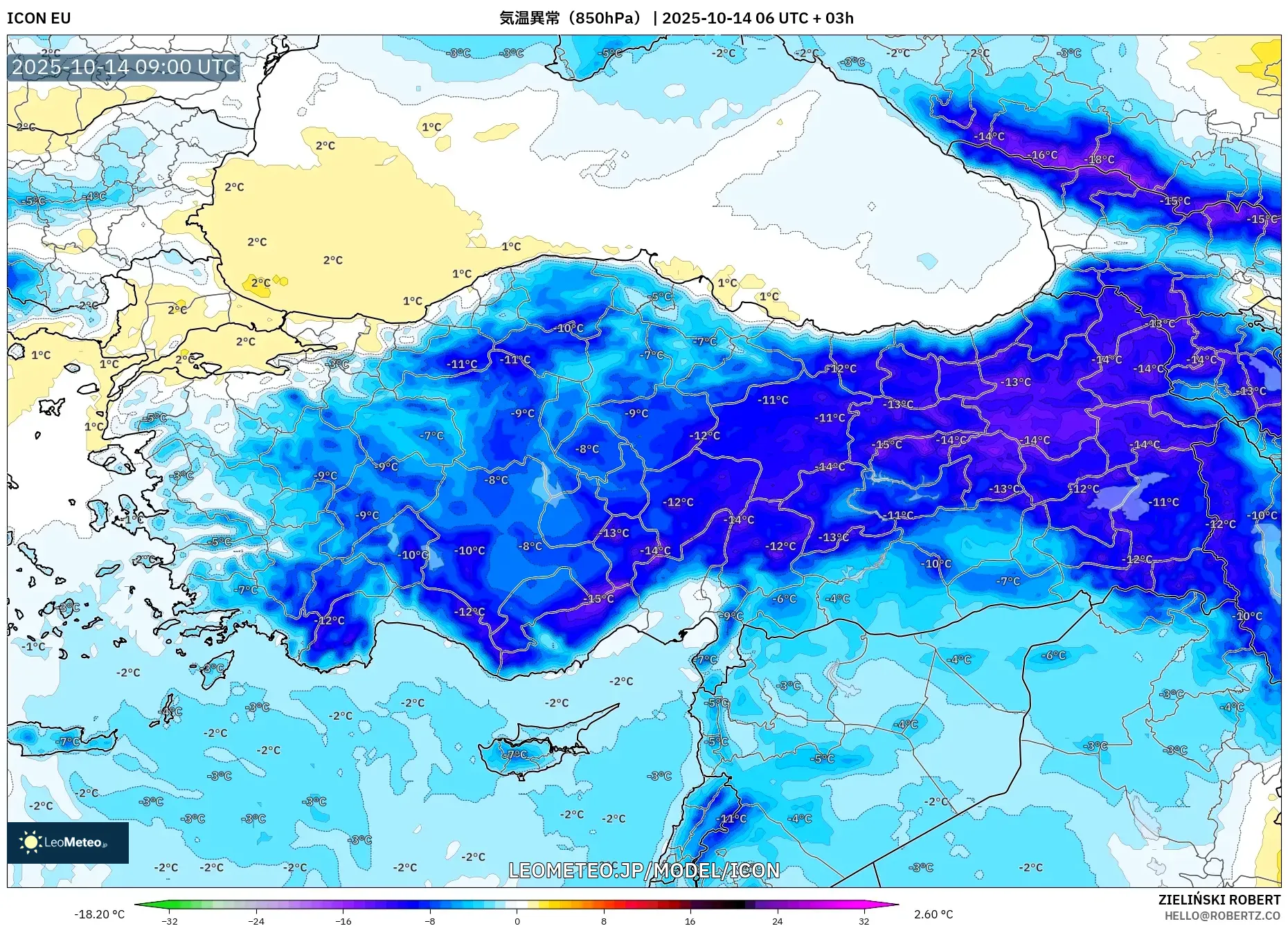 ICON model - トルコ, 気温異常(850hPa) ICON model - トルコ, 気温異常(850hPa)