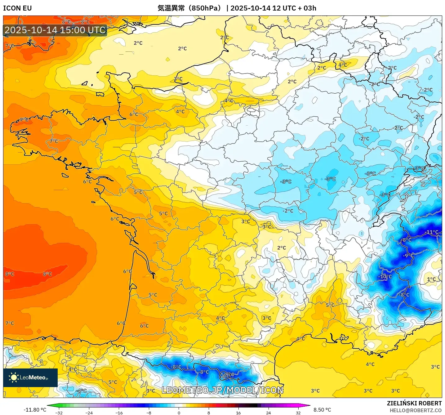 ICON model - フランス, 気温異常(850hPa) ICON model - フランス, 気温異常(850hPa)
