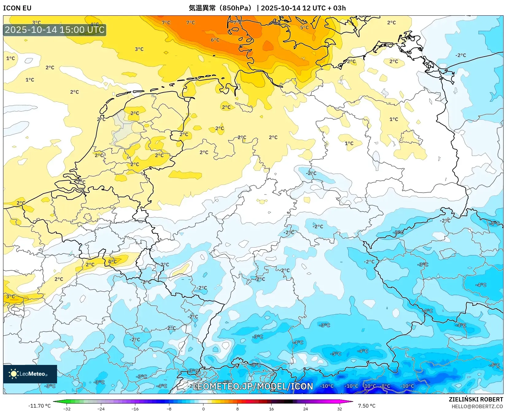 ICON model - ドイツ, 気温異常(850hPa) ICON model - ドイツ, 気温異常(850hPa)