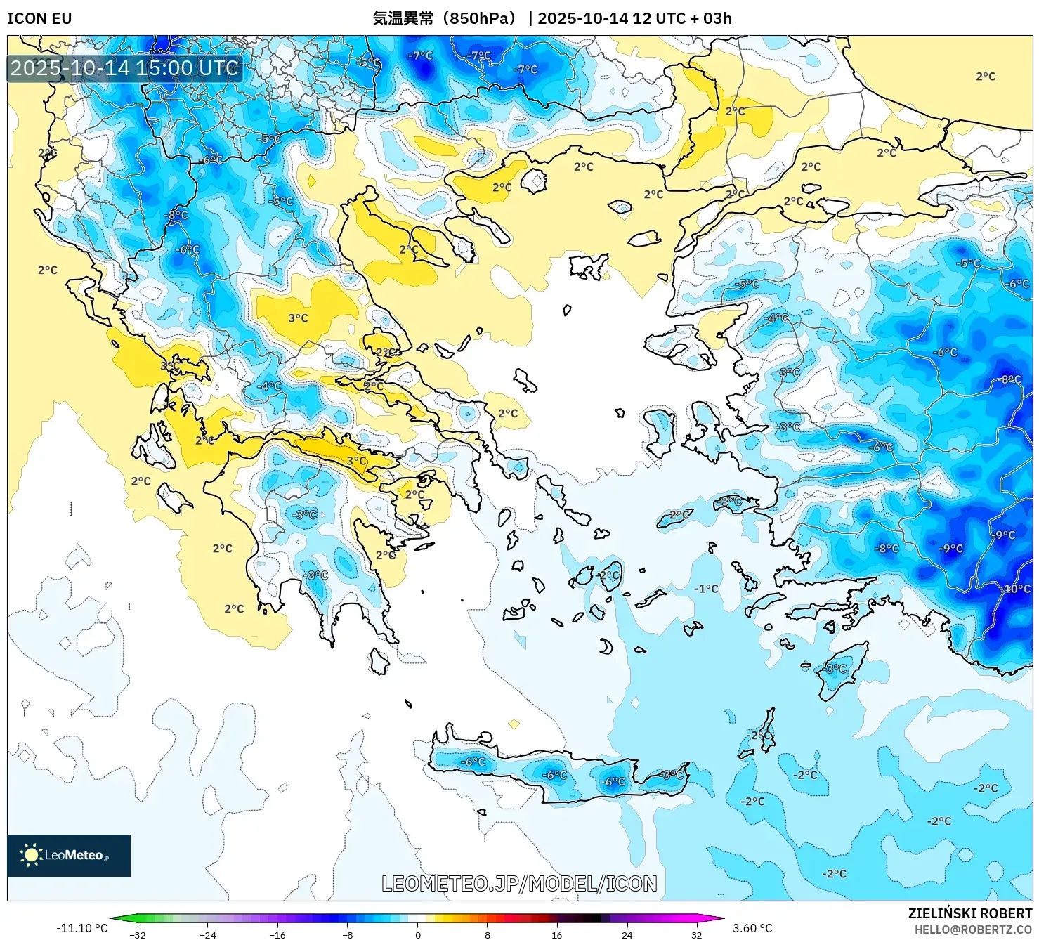 ICON model - ギリシャ, 気温異常(850hPa) ICON model - ギリシャ, 気温異常(850hPa)