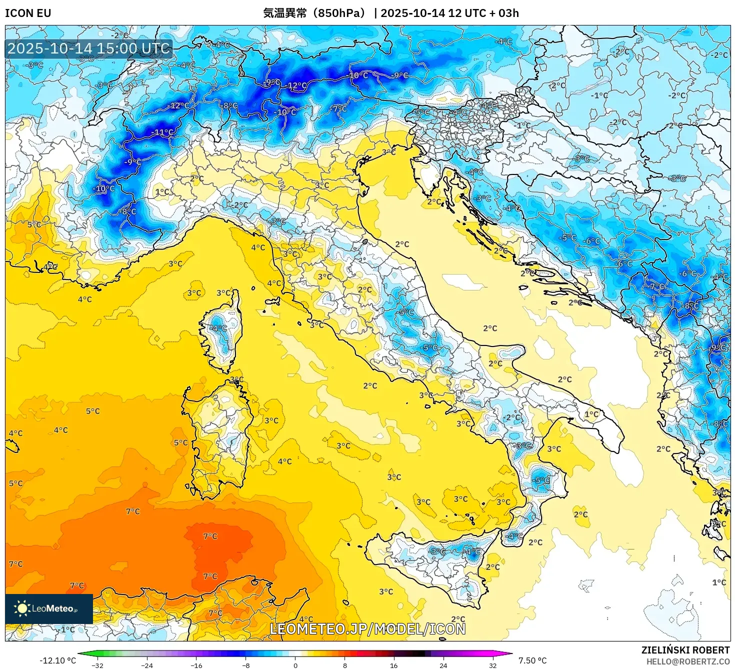 ICON model - イタリア, 気温異常(850hPa) ICON model - イタリア, 気温異常(850hPa)