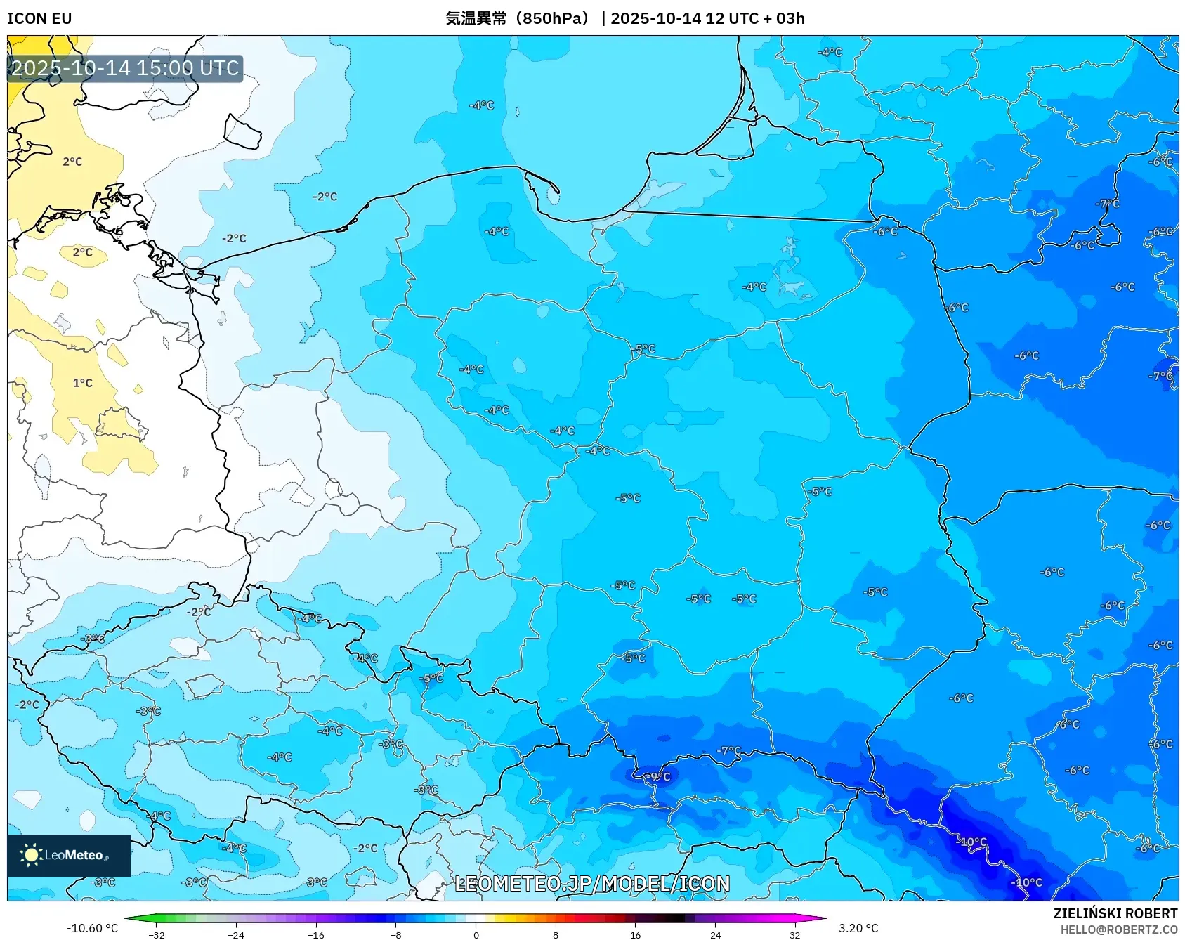 ICON model - ポーランド, 気温異常(850hPa) ICON model - ポーランド, 気温異常(850hPa)