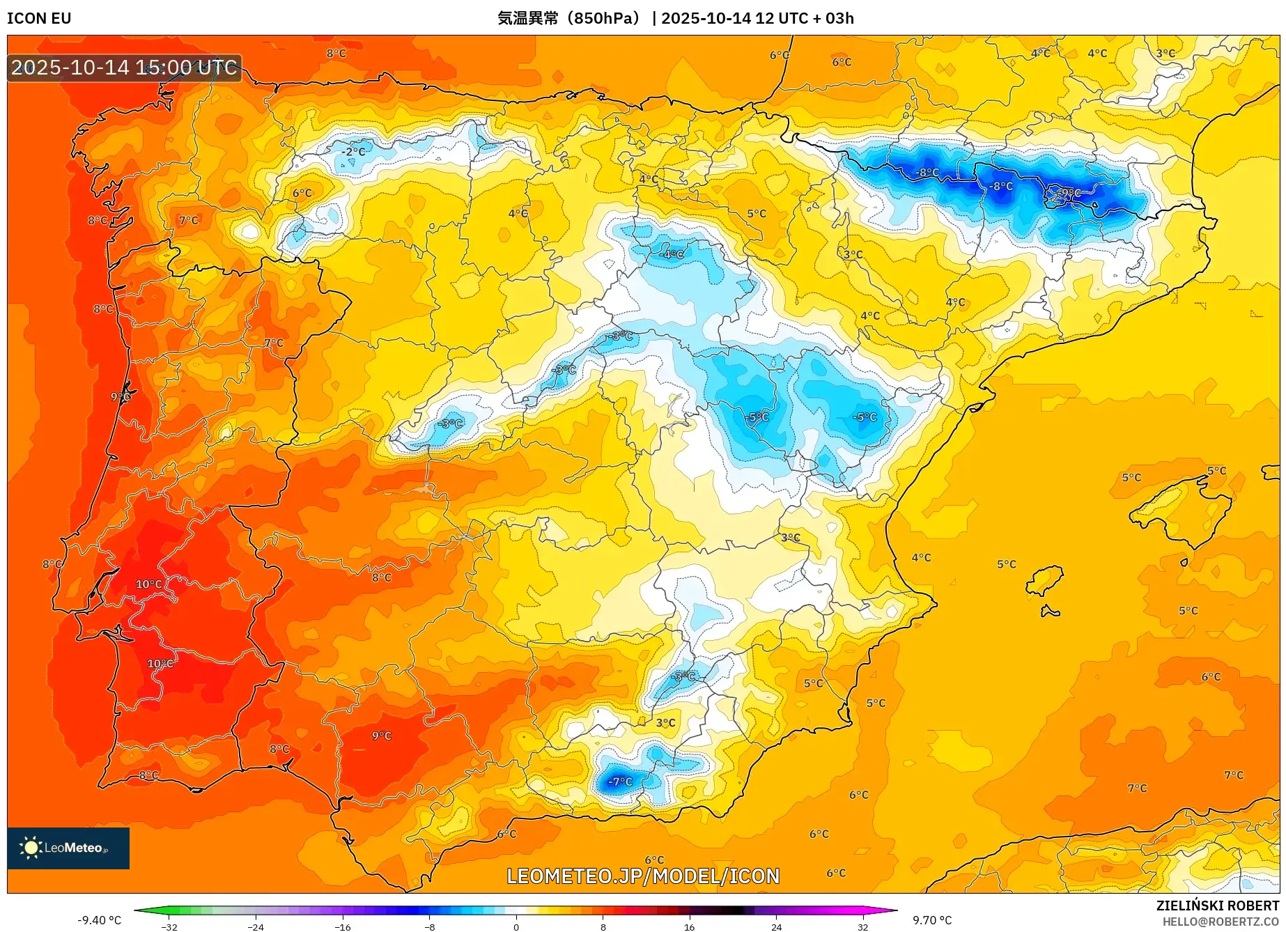 ICON model - スペイン, 気温異常(850hPa) ICON model - スペイン, 気温異常(850hPa)