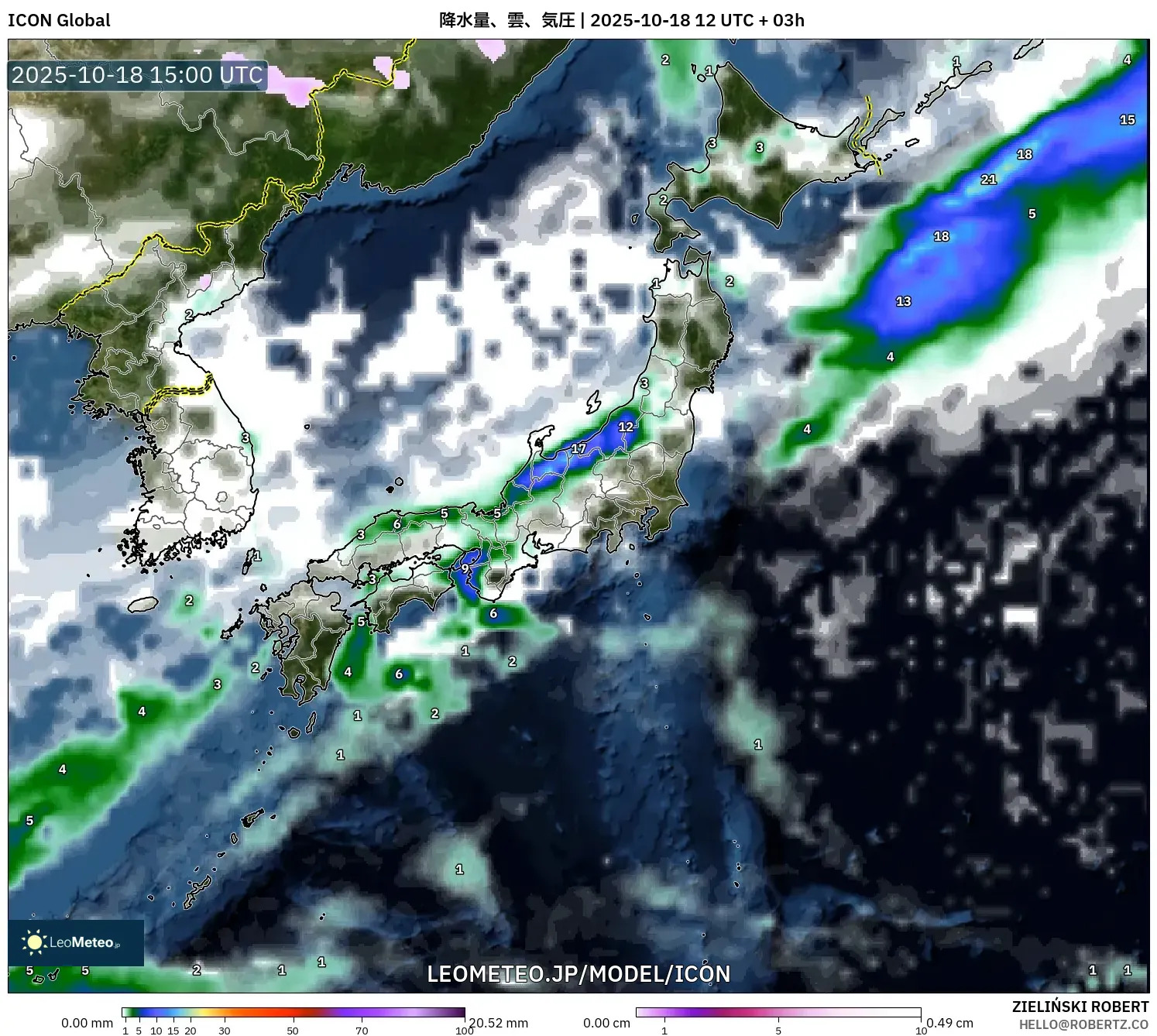 ICON model - 日本, 降水量、雲、気圧 ICON model - 日本, 降水量、雲、気圧