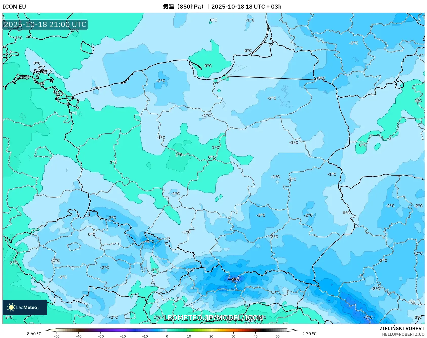 ICON model - ポーランド, 気温(850hPa) ICON model - ポーランド, 気温(850hPa)