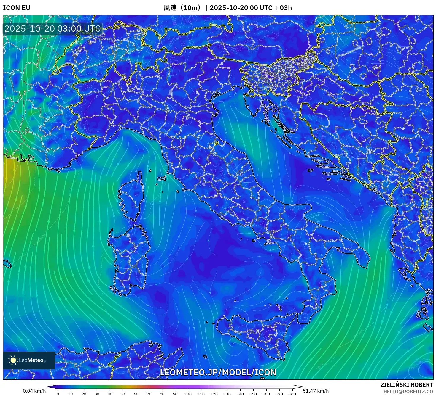 ICON model - イタリア, 風速(10m) ICON model - イタリア, 風速(10m)