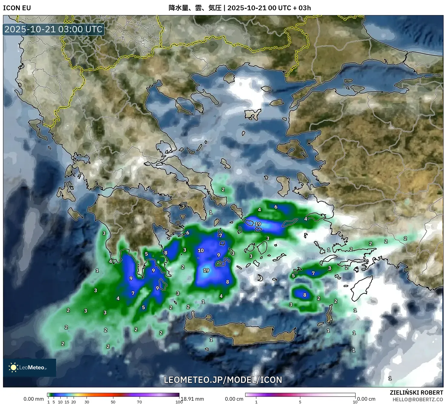 ICON model - ギリシャ, 降水量、雲、気圧 ICON model - ギリシャ, 降水量、雲、気圧