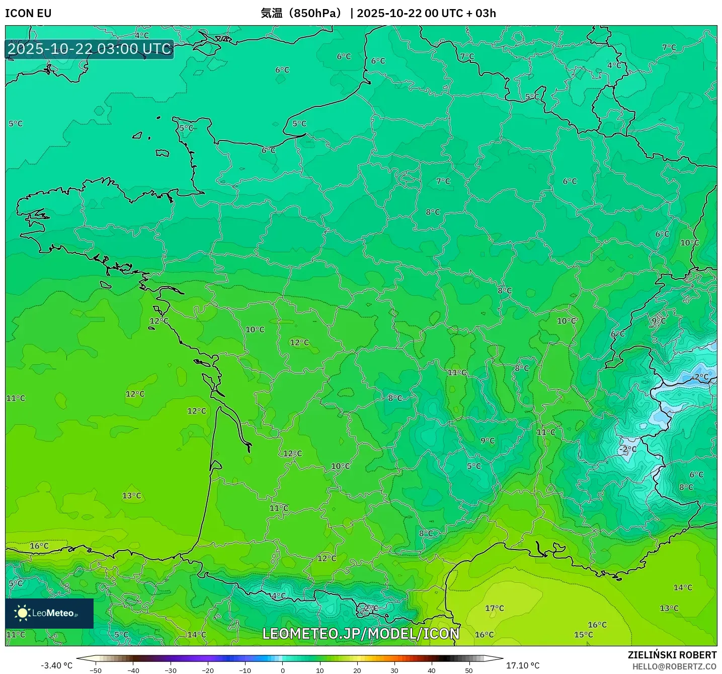 ICON model - フランス, 気温(850hPa) ICON model - フランス, 気温(850hPa)