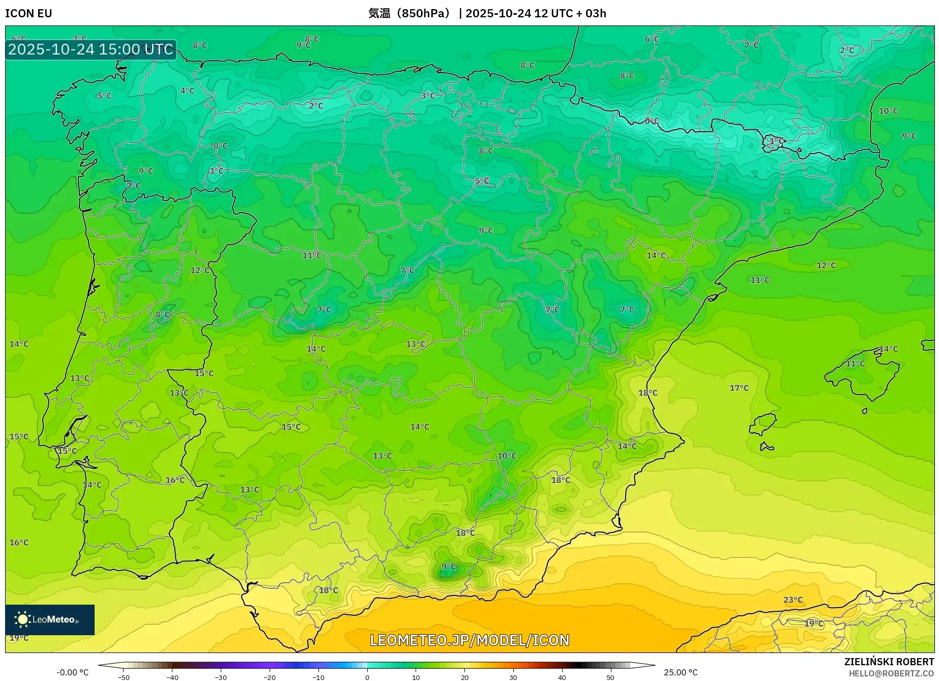 ICON model - スペイン, 気温(850hPa) ICON model - スペイン, 気温(850hPa)