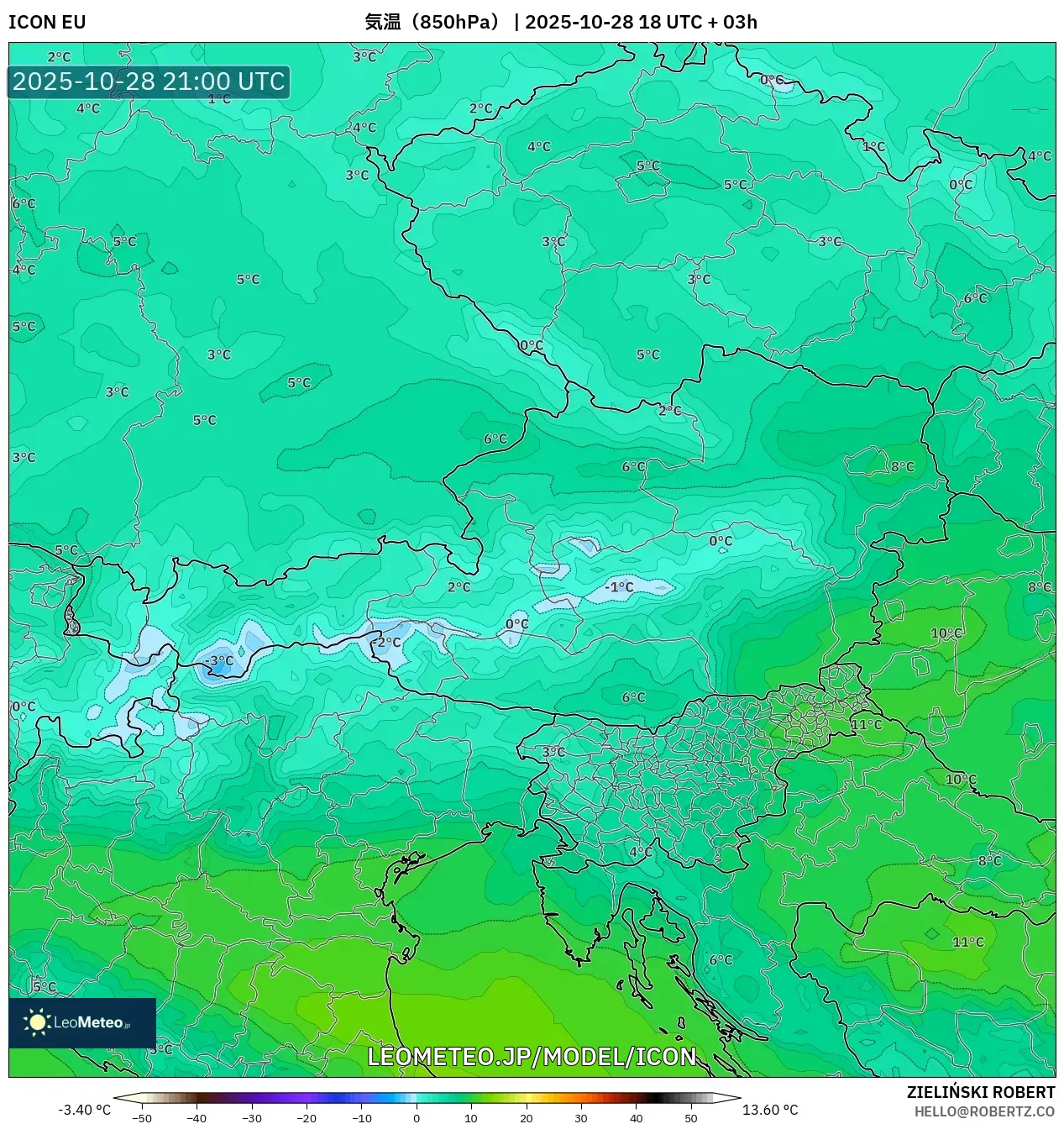 ICON model - オーストリア, 気温(850hPa) ICON model - オーストリア, 気温(850hPa)