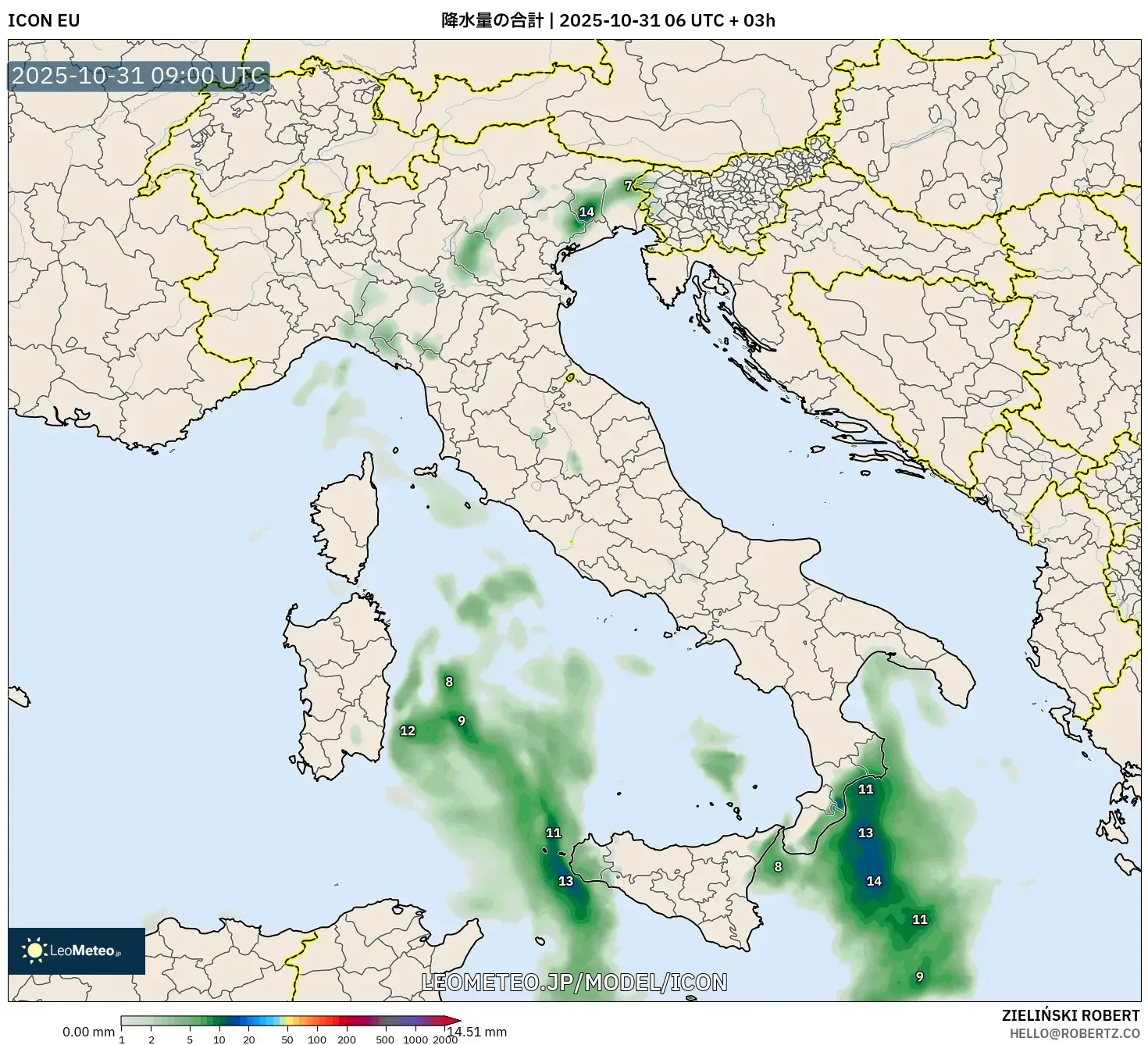 ICON model - イタリア, 降水量の合計 ICON model - イタリア, 降水量の合計