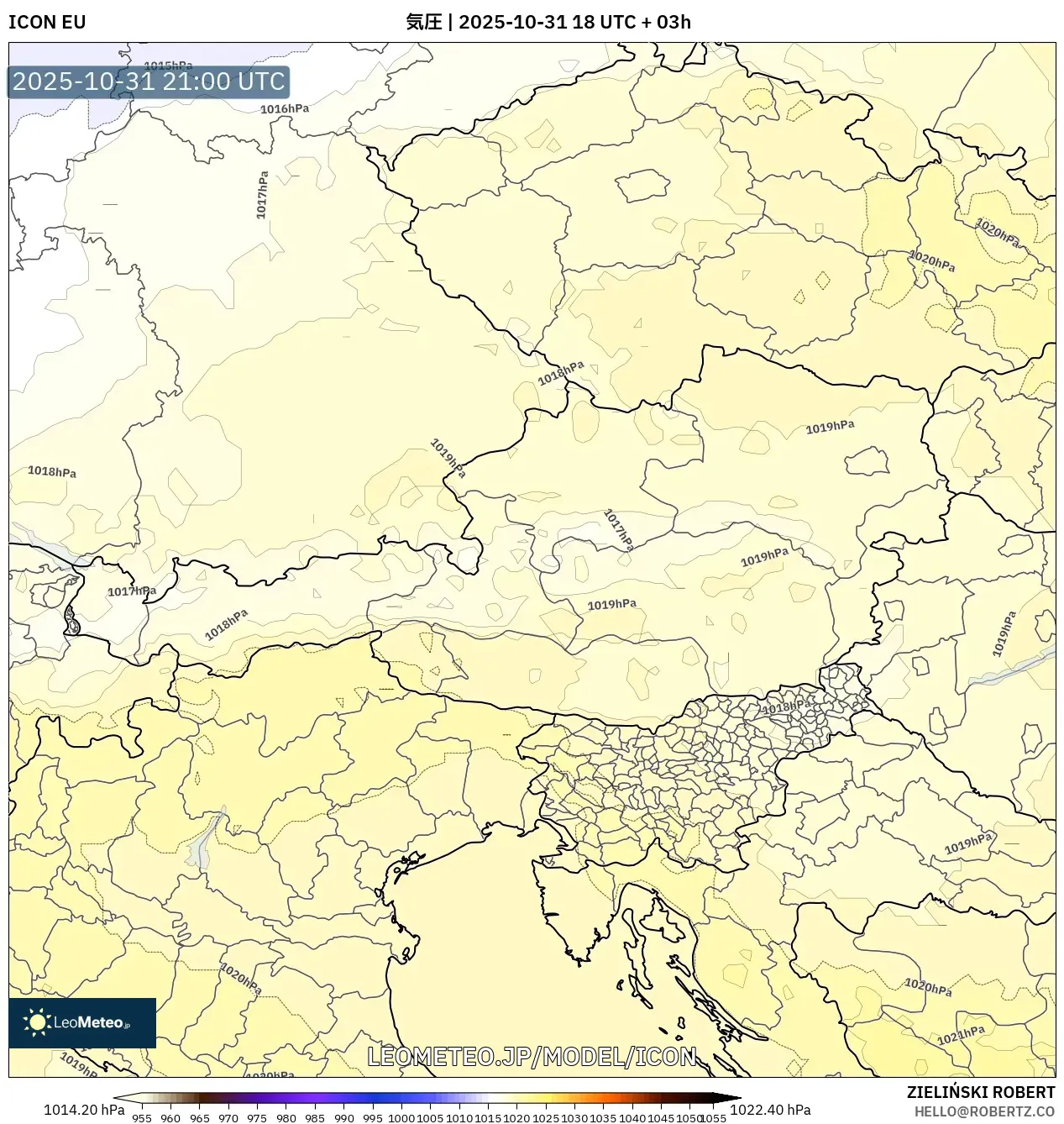 ICON model - オーストリア, 気圧 ICON model - オーストリア, 気圧