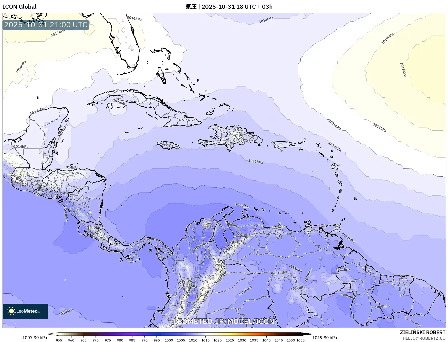 ICON model - カリブ海, 気圧 ICON model - カリブ海, 気圧