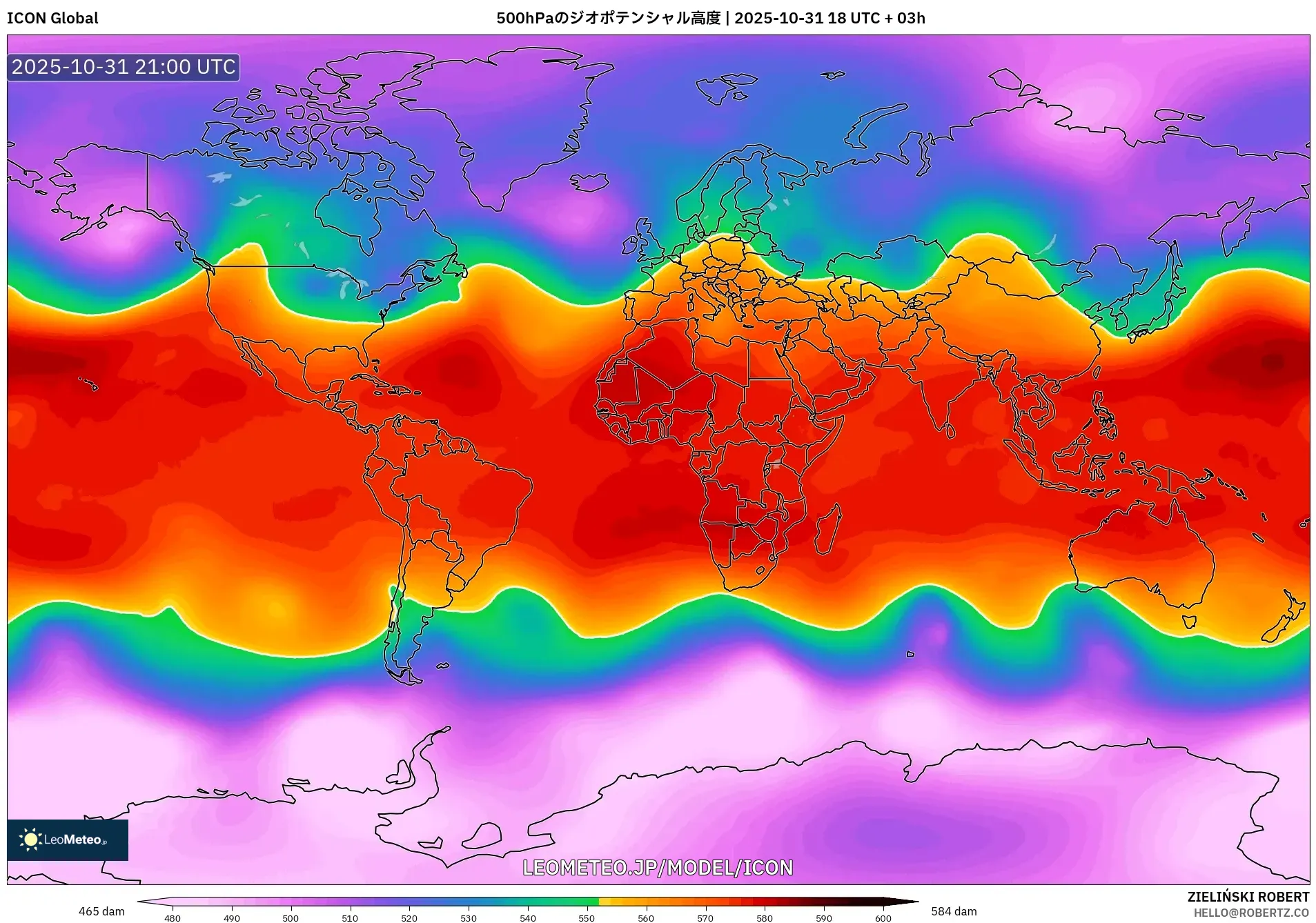 ICON model - 世界, 500hPaのジオポテンシャル高度 ICON model - 世界, 500hPaのジオポテンシャル高度