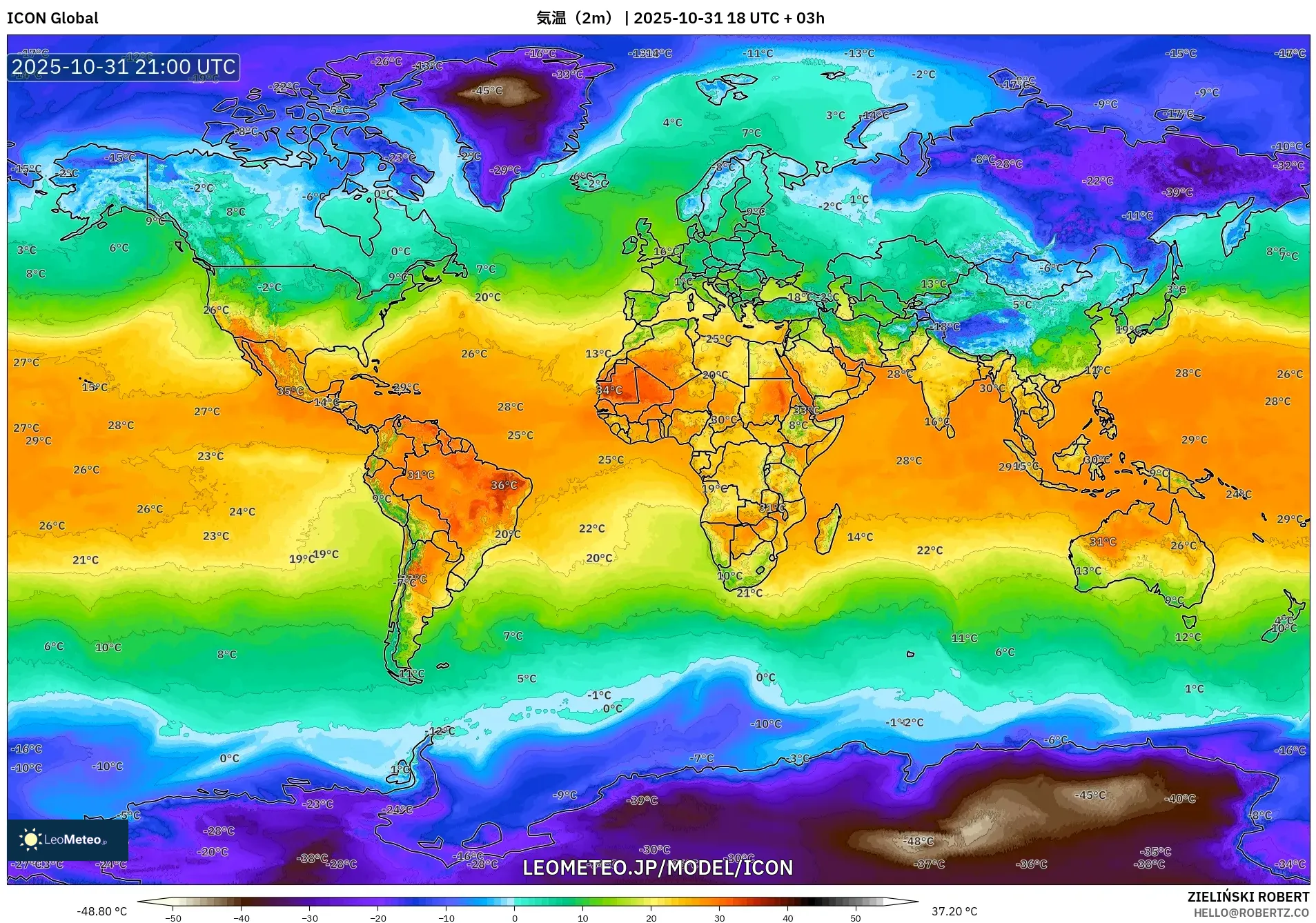 ICON model - 世界, 気温（2m）