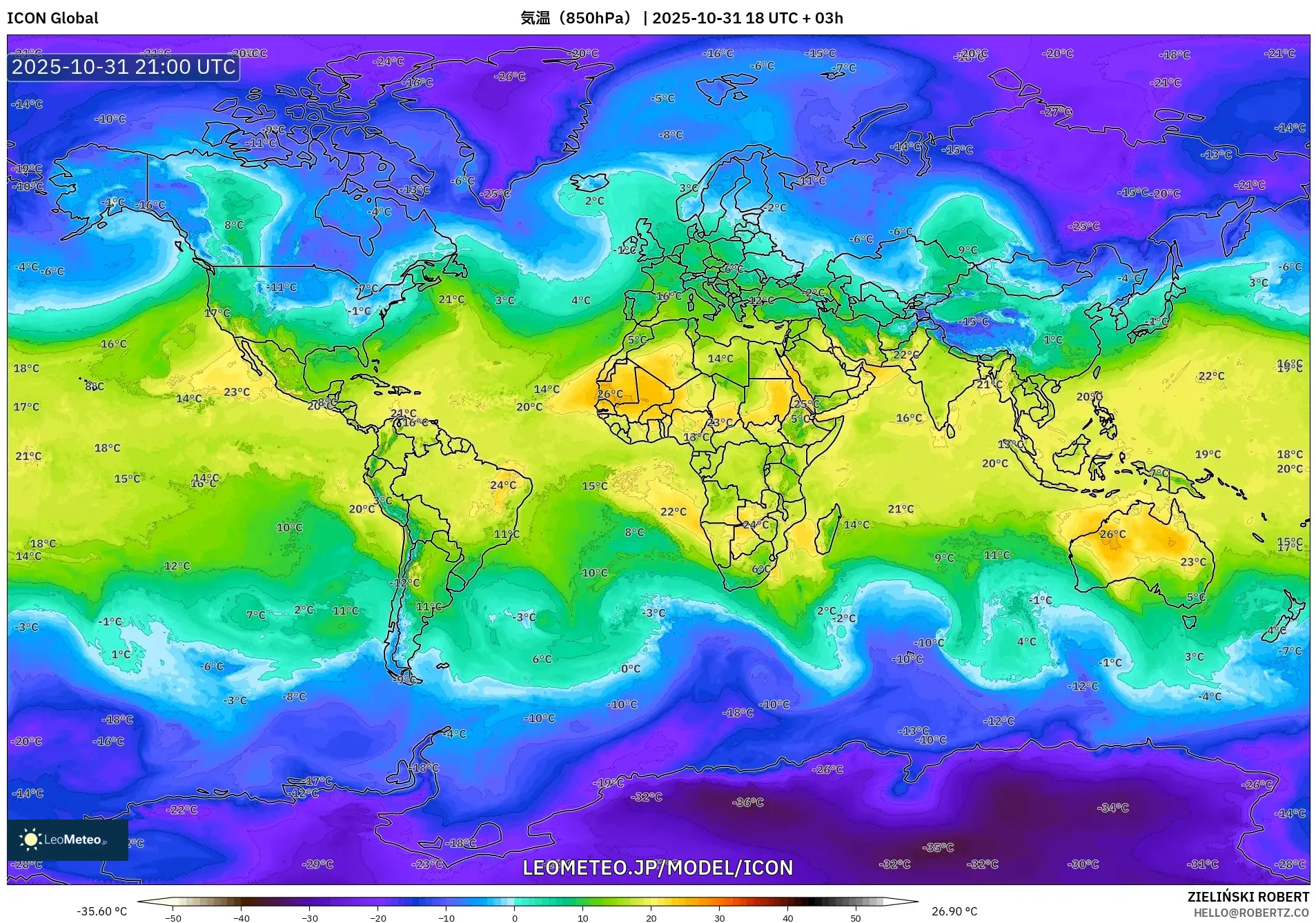 ICON model - 世界, 気温（850hPa）