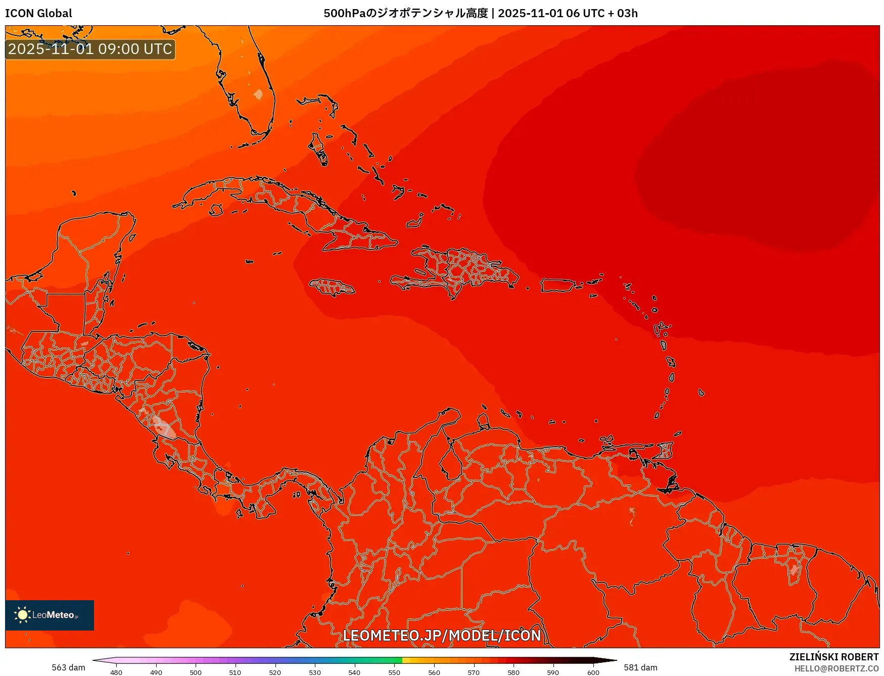 ICON model - カリブ海, 500hPaのジオポテンシャル高度 ICON model - カリブ海, 500hPaのジオポテンシャル高度