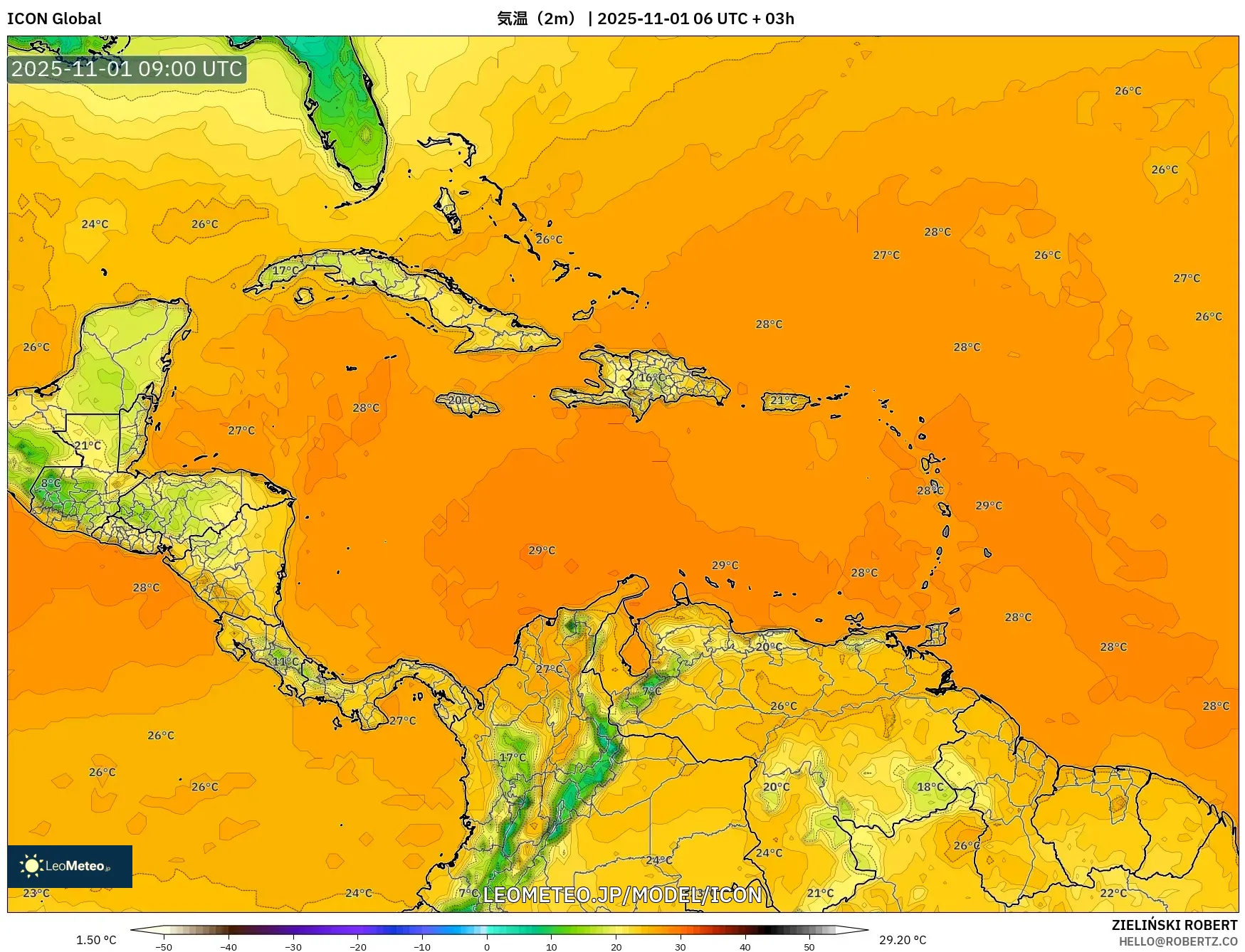 ICON model - カリブ海, 気温(2m) ICON model - カリブ海, 気温(2m)