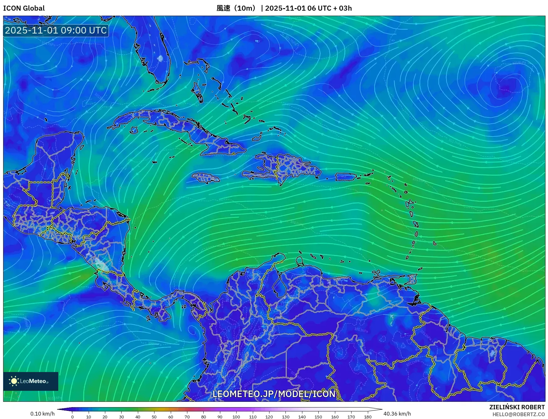 ICON model - カリブ海, 風速(10m) ICON model - カリブ海, 風速(10m)
