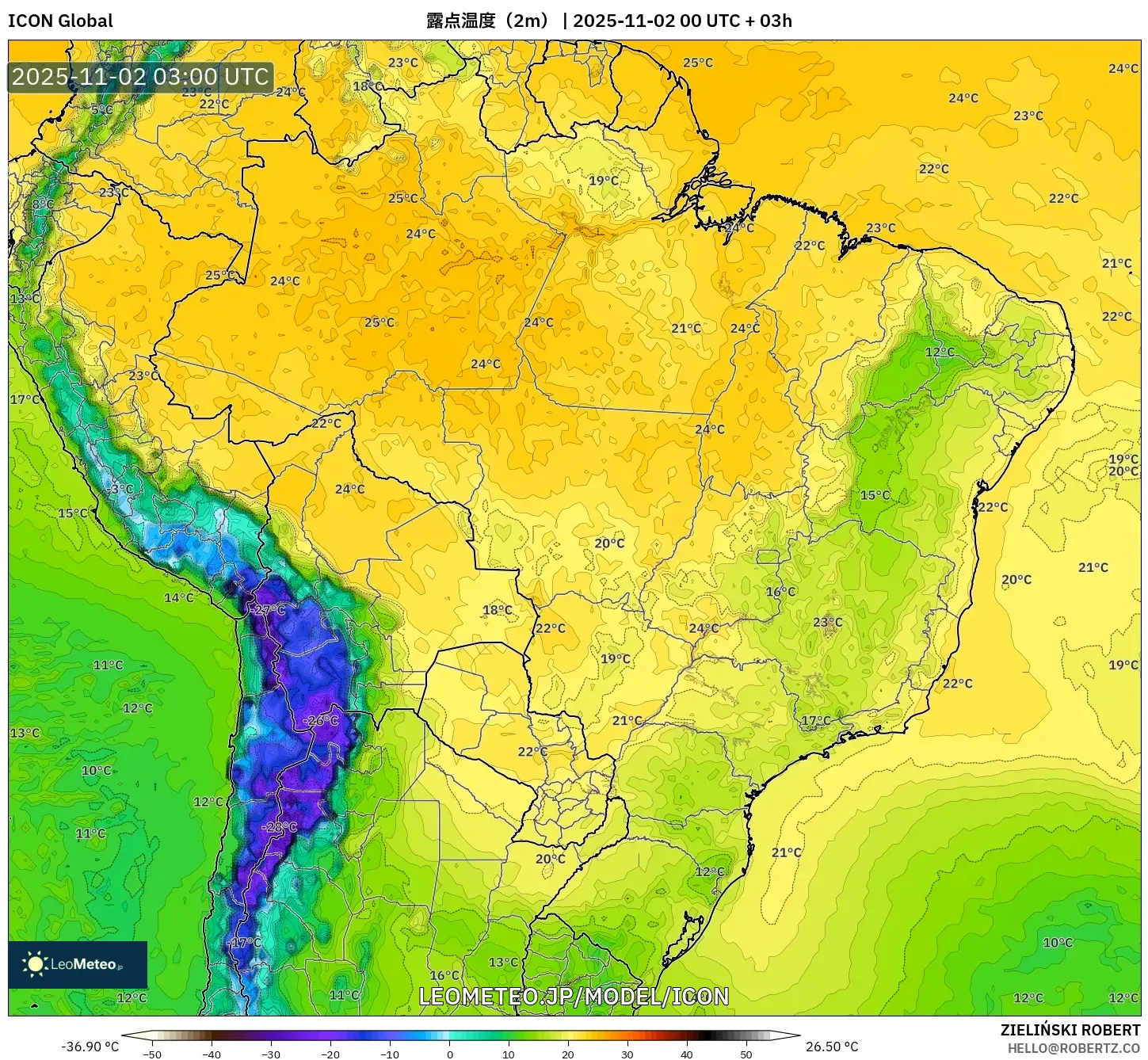 ICON model - ブラジル, 露点温度(2m) ICON model - ブラジル, 露点温度(2m)