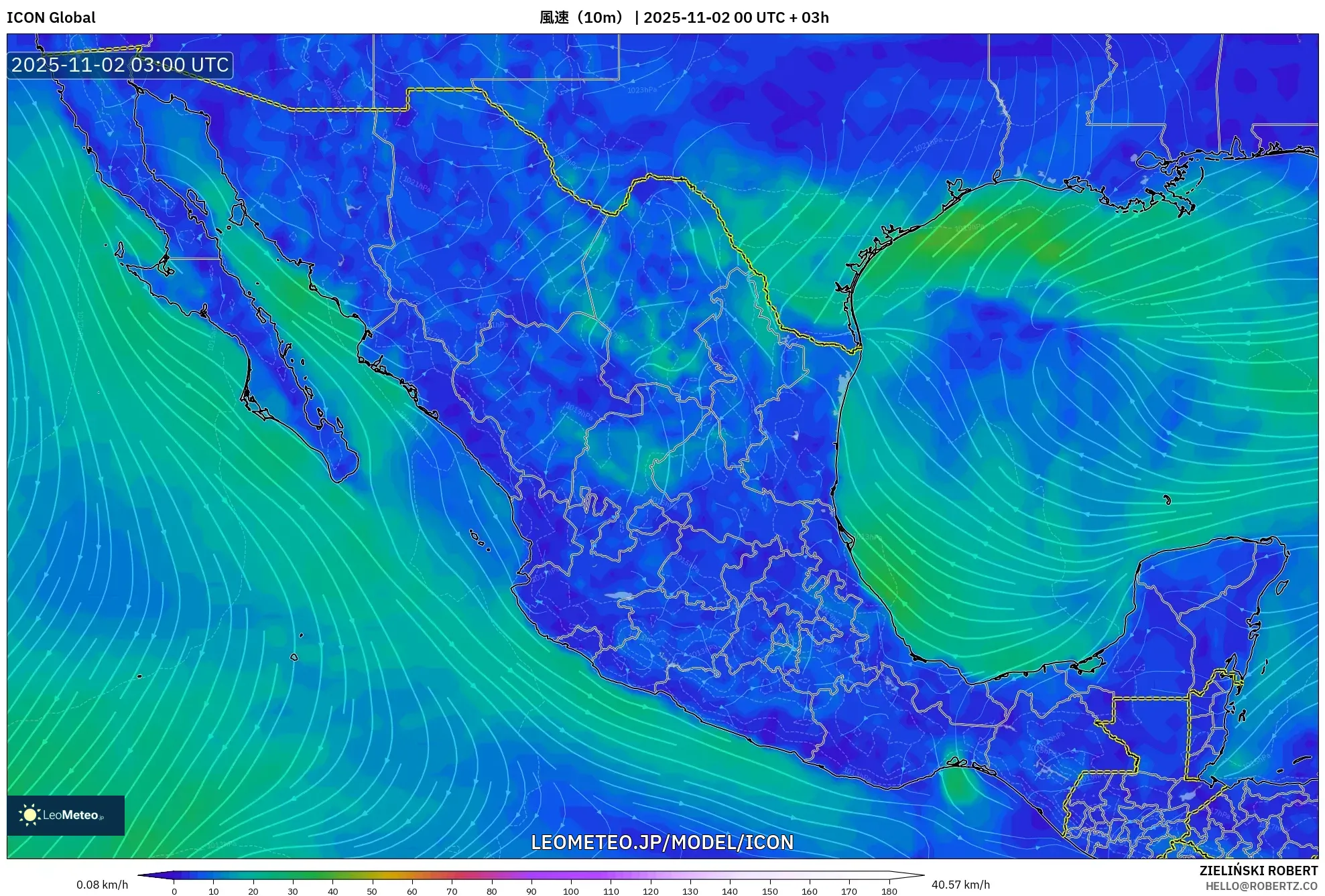 ICON model - メキシコ, 風速（10m）