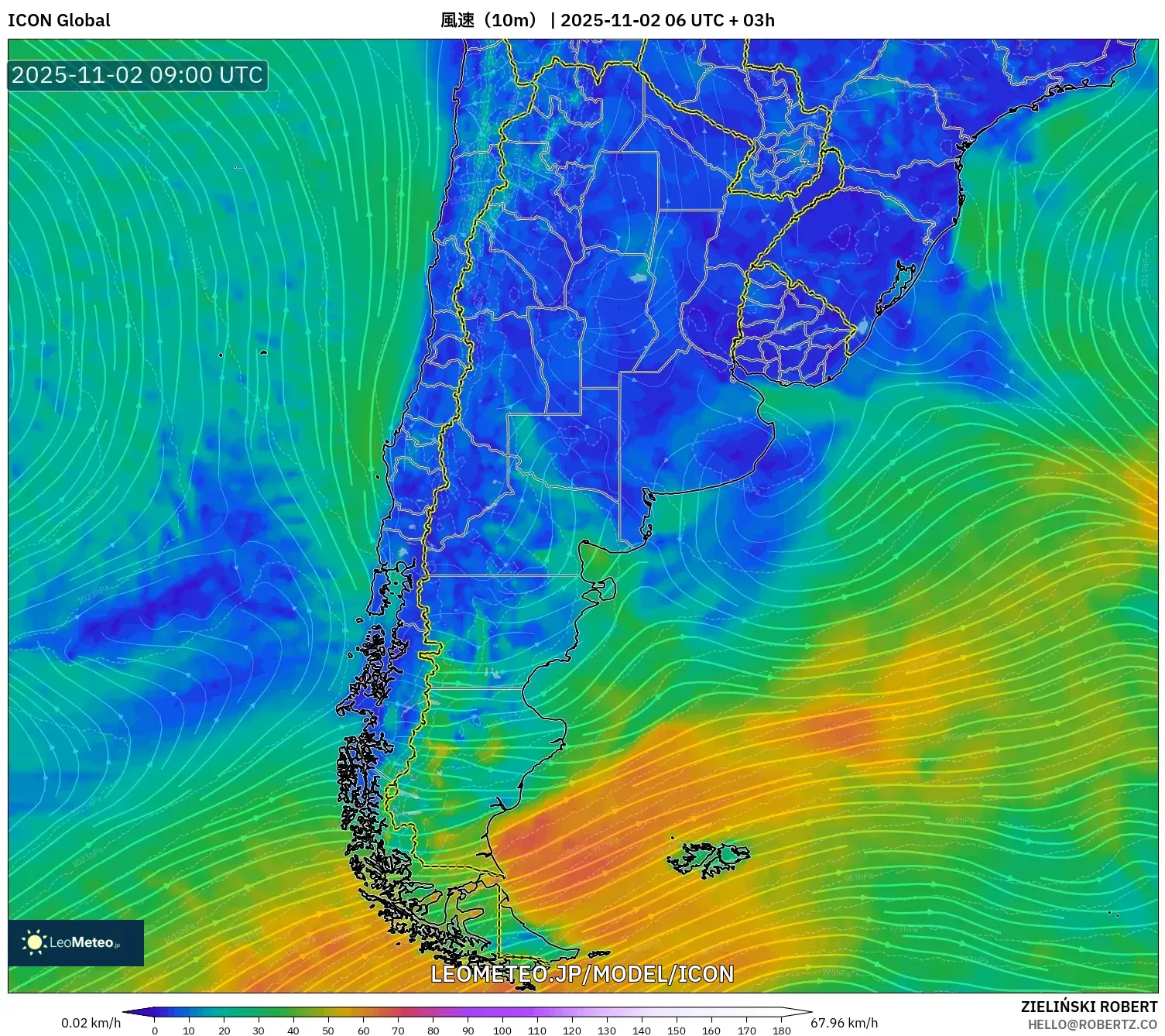 ICON model - アルゼンチン, 風速(10m) ICON model - アルゼンチン, 風速(10m)