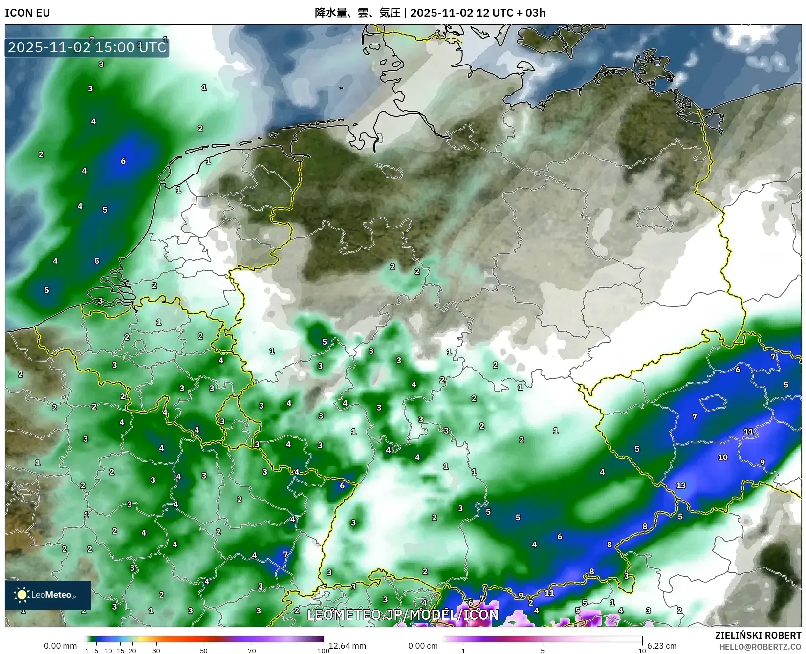 ICON model - ドイツ, 降水量、雲、気圧 ICON model - ドイツ, 降水量、雲、気圧