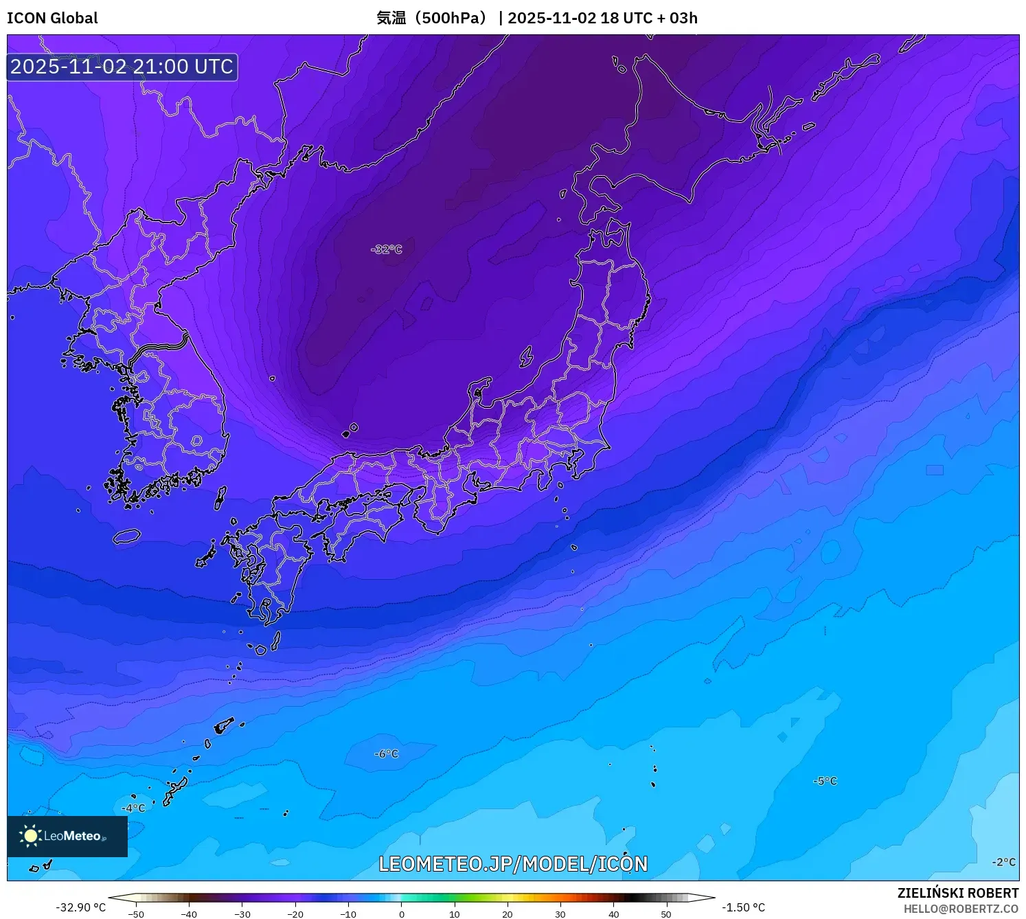 ICON model - 日本, 気温（500hPa）
