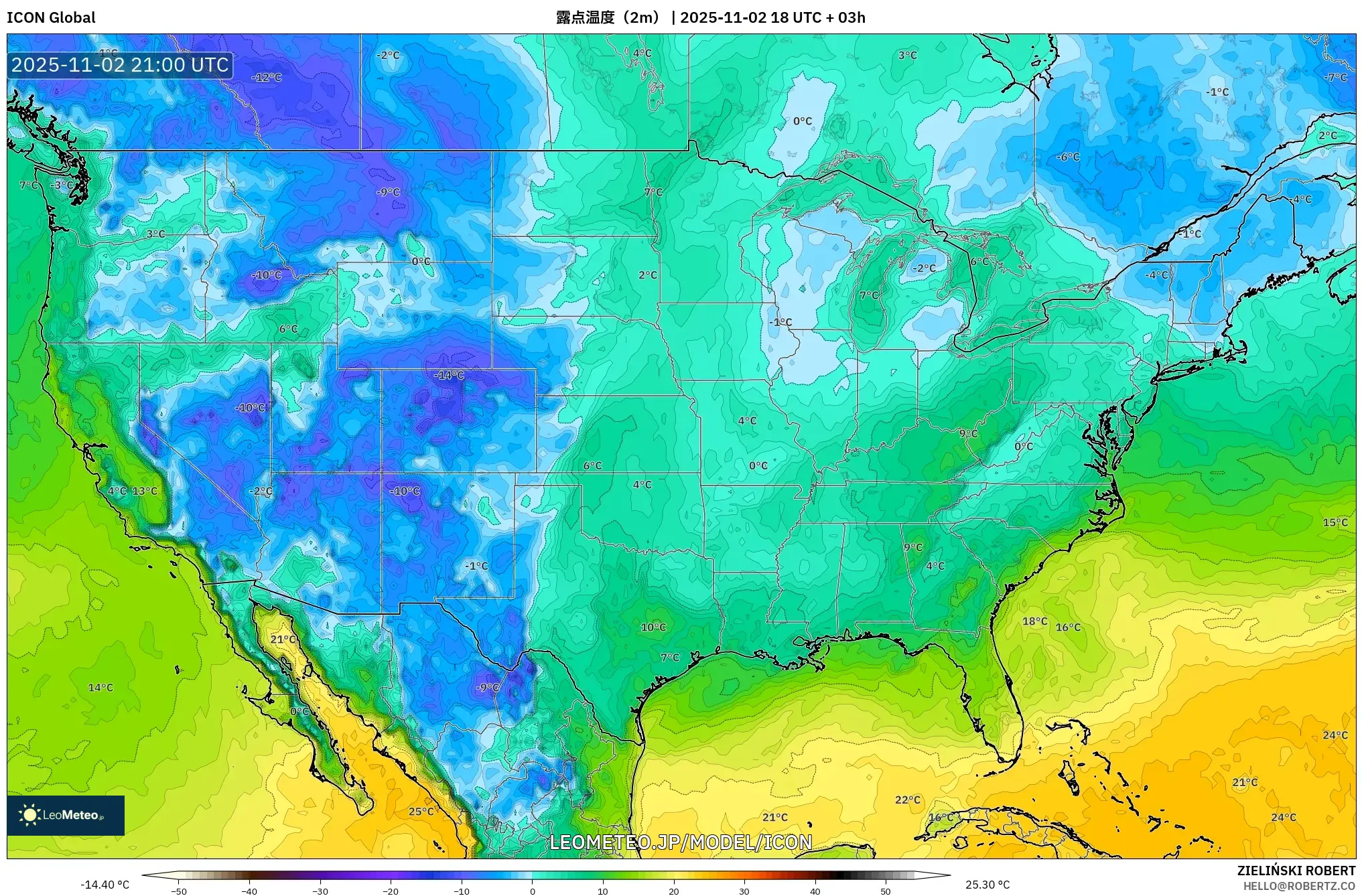 ICON model - アメリカ合衆国, 露点温度（2m）