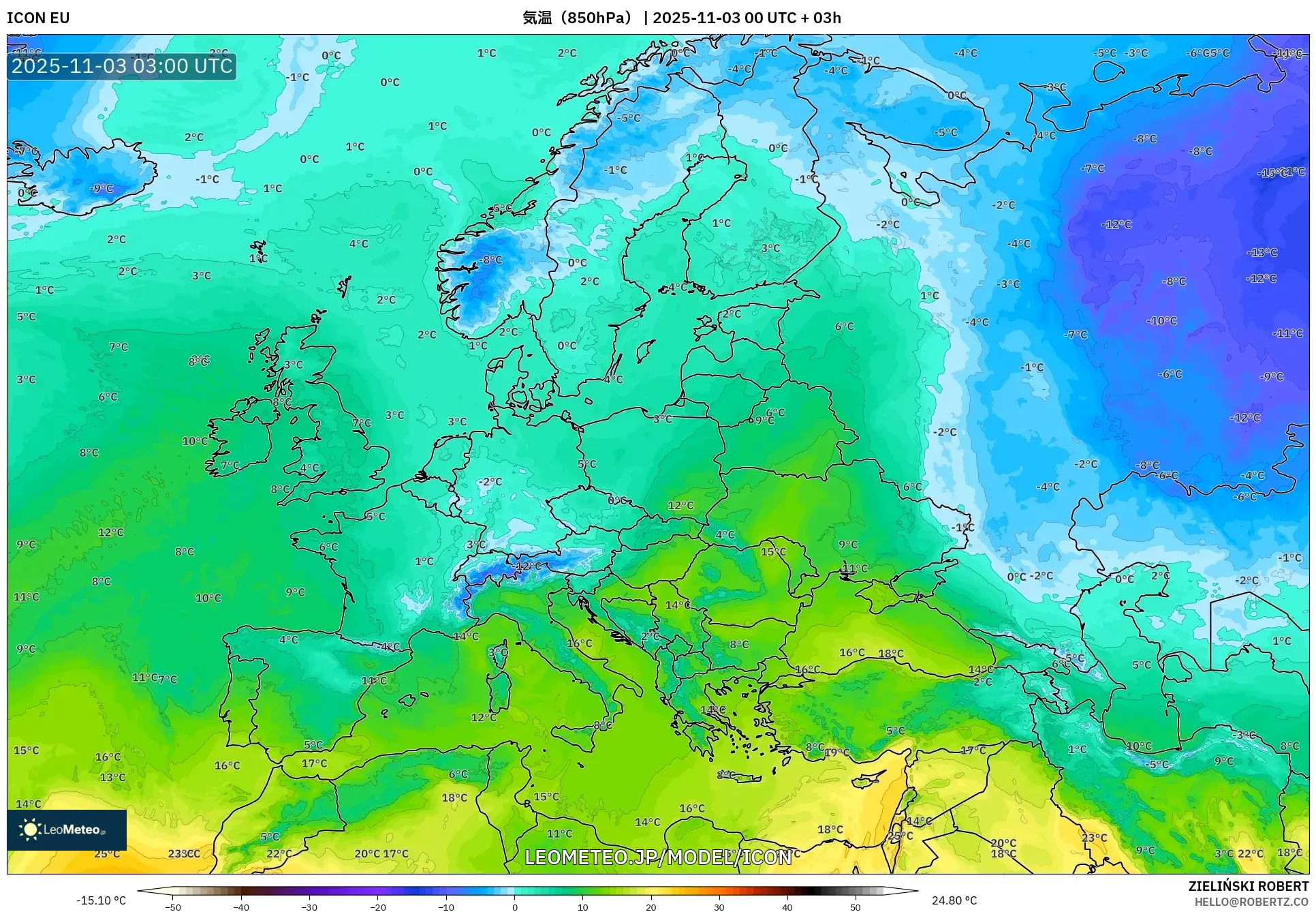 ICON model - ヨーロッパ, 気温（850hPa）