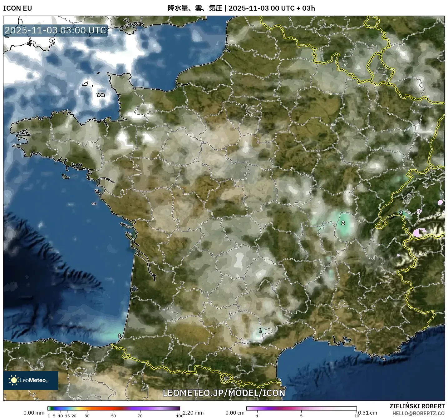 ICON model - フランス, 降水量、雲、気圧