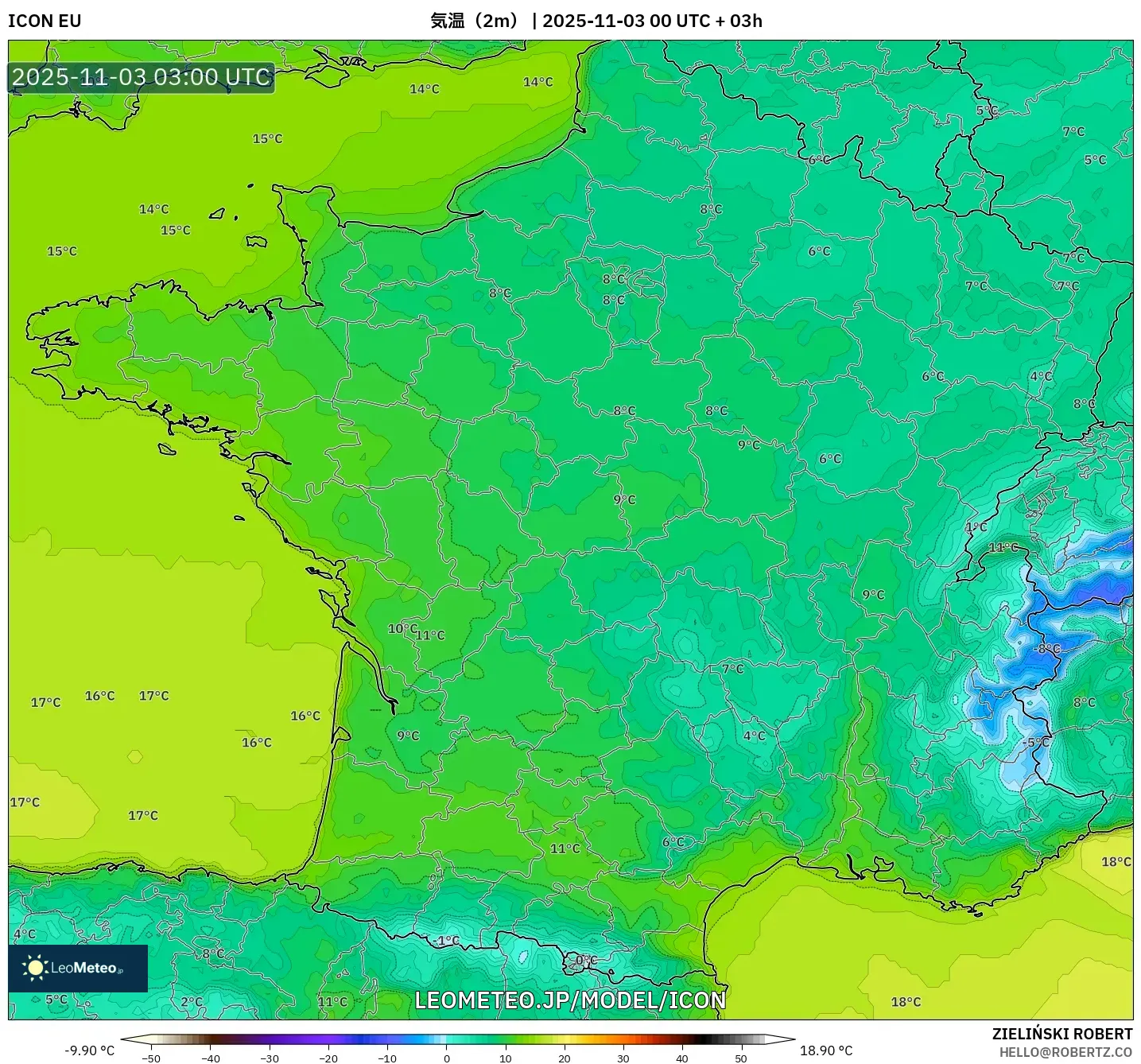 ICON model - フランス, 気温（2m）