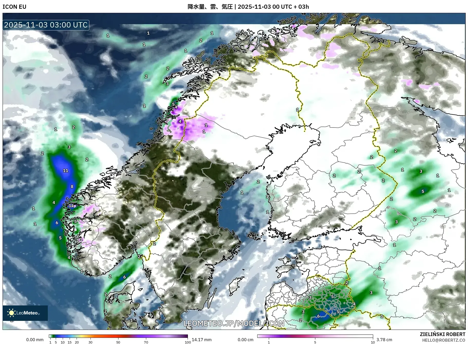 ICON model - スカンジナビア, 降水量、雲、気圧
