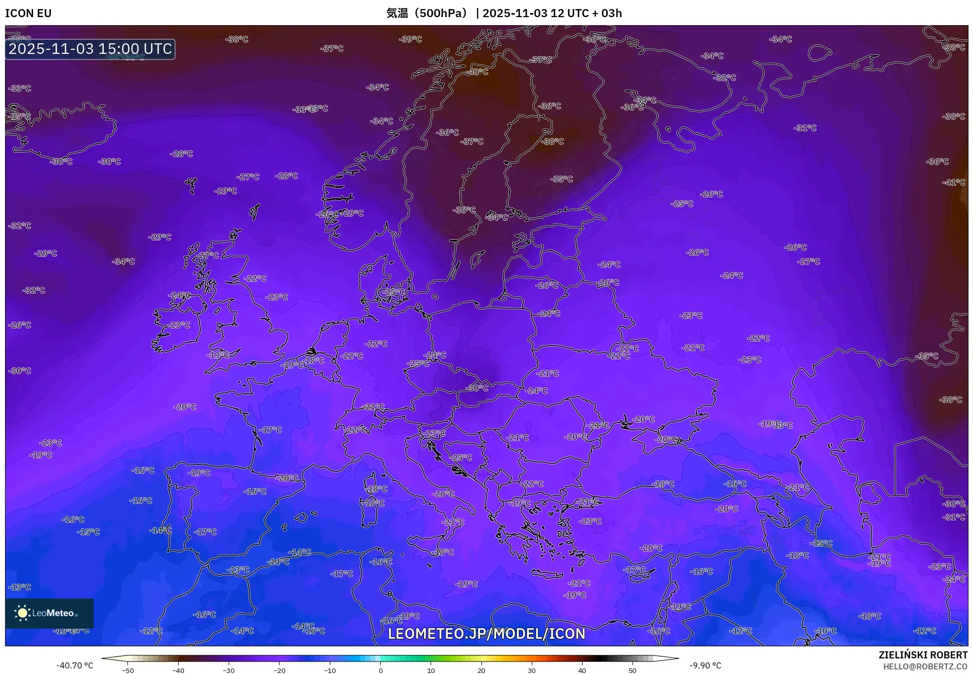 ICON model - ヨーロッパ, 気温（500hPa）