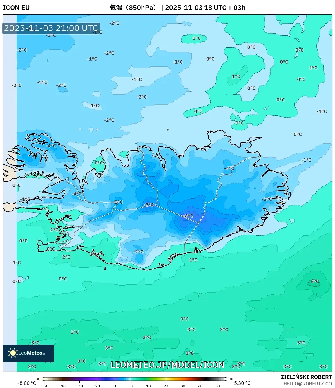 ICON model - アイスランド, 気温（850hPa）