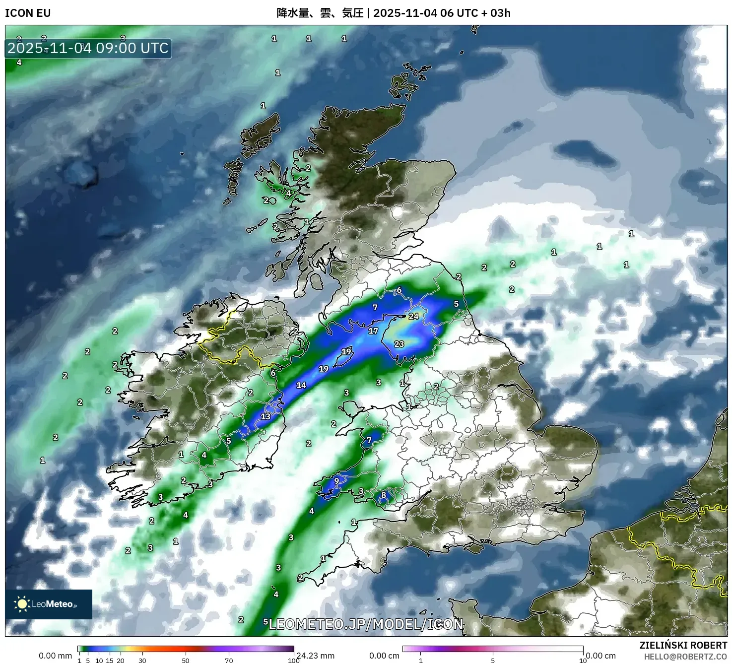 ICON model - イギリス, 降水量、雲、気圧