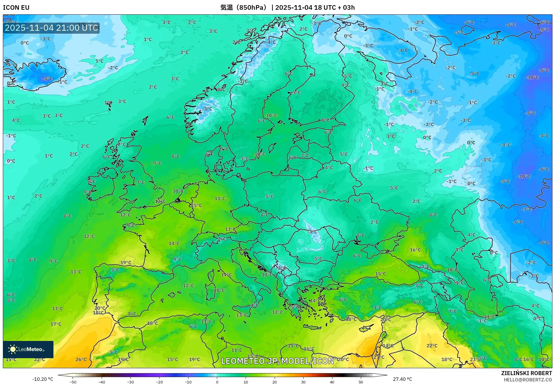 ICON model - ヨーロッパ, 気温（850hPa）