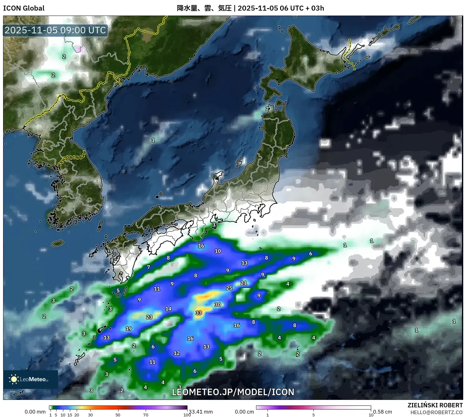 ICON model - 日本, 降水量、雲、気圧