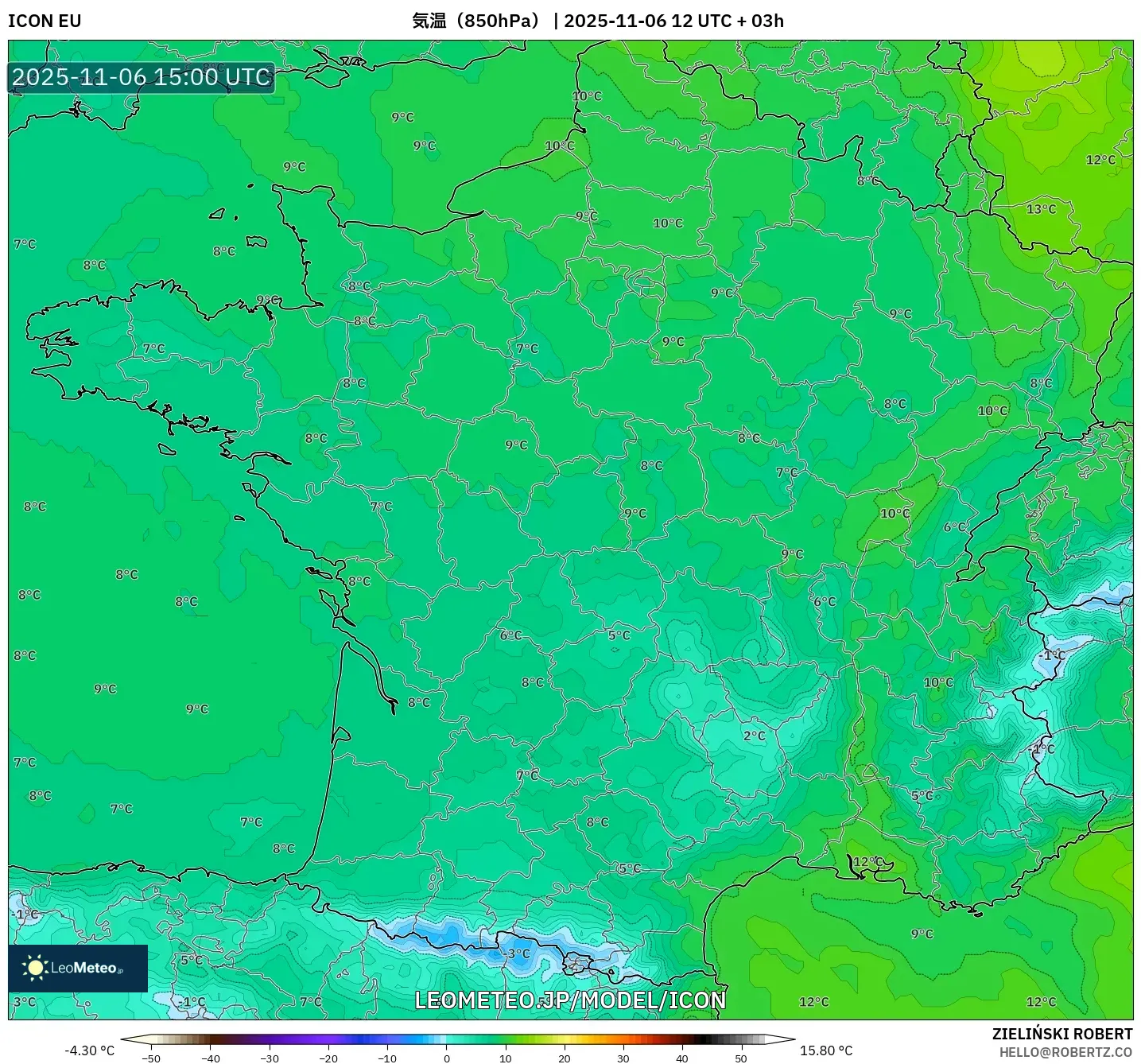 ICON model - フランス, 気温（850hPa）